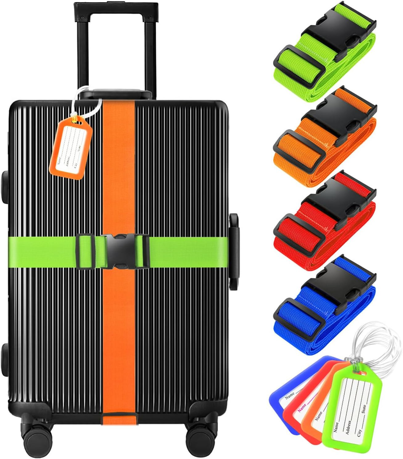8 Pack Luggage Straps and Tags Set (4 Straps, 4 Tags), Luggage Straps for Suitca