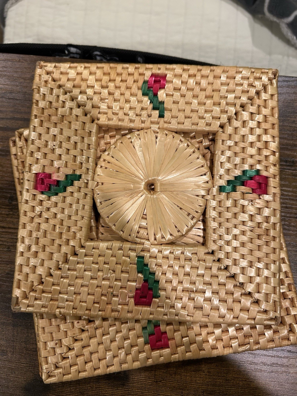 Complete Set Of Vintage Straw Kitchen Table Set Cherry Rose Pattern