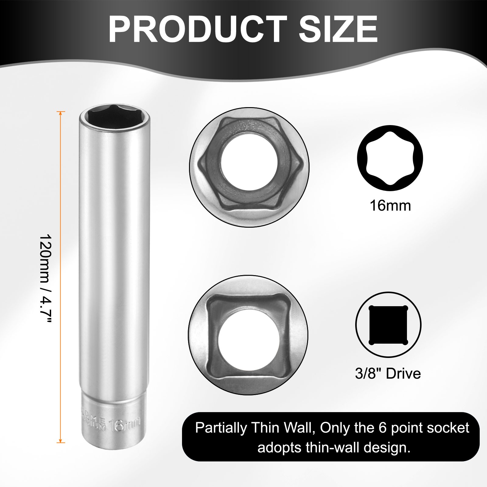 2Pcs, 6 Points Deep Socket 3/8" Drive 16mm Nickel Plating Flip Sleeve 4.7" Long
