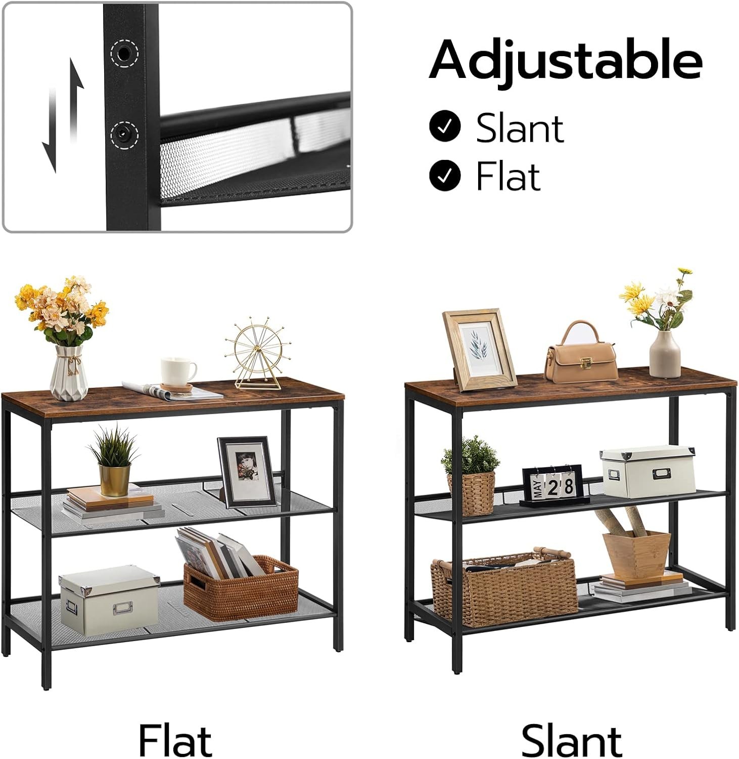 Console Table Sofa Table W/ 2 Flat/Slant Adjustable Mesh Shelves Hallway Table &