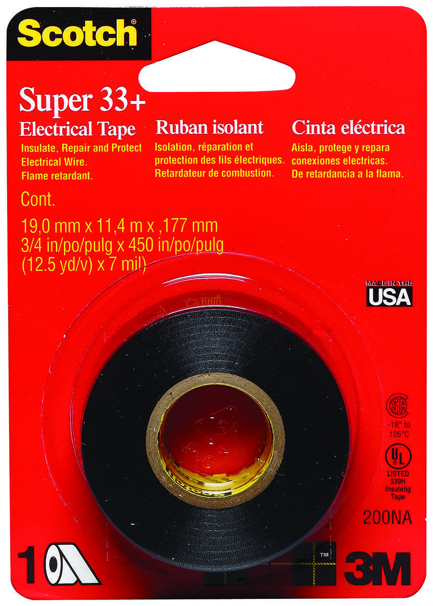 SCOTCH 200NA Electrical Tape, 450 in L, 3/4 in W, PVC Backing, Black