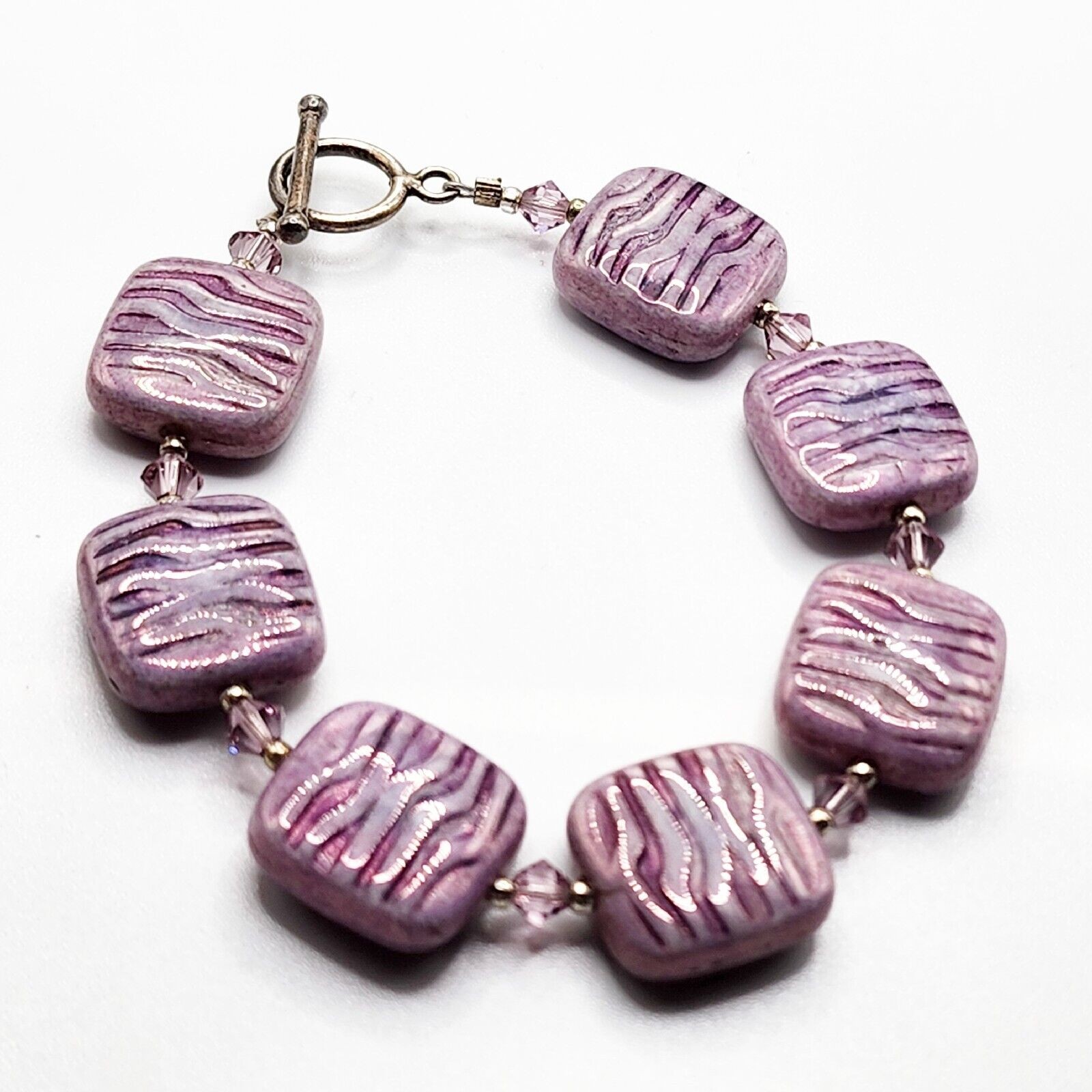 Artisan Textured Irridescent Purple Ceramic Bead Sterling Toggle Bracelet 7.25"