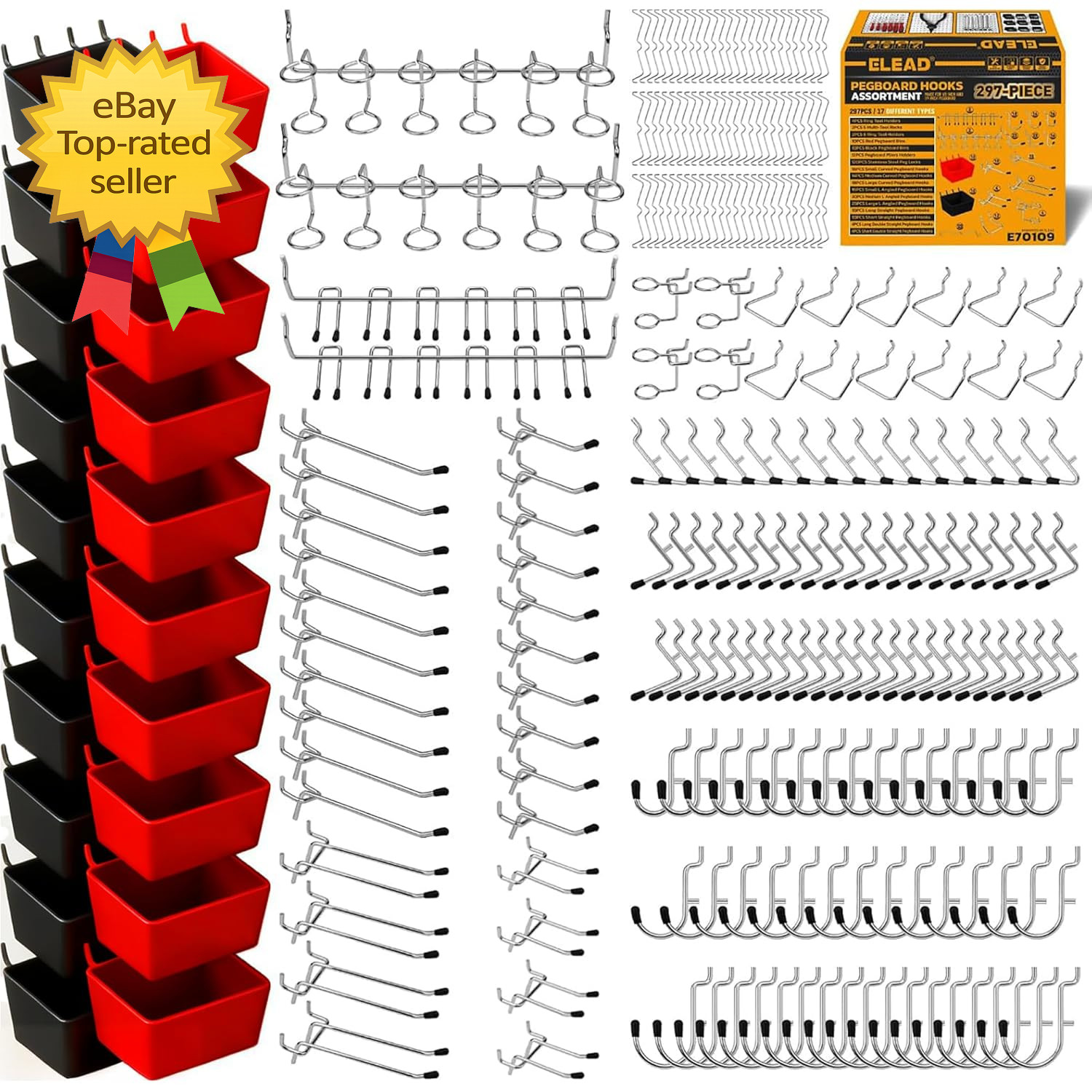 297 Piece Pegboard Hooks Kit Organizer Accessories with Bins Garage Storage Set