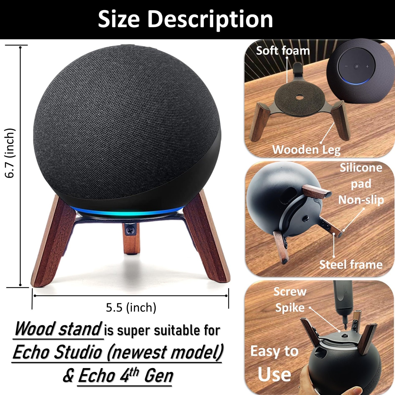 Real Wood Stand for Echo Studio (new Model) 2025,Echo (4th Gen) Home Speaker,...
