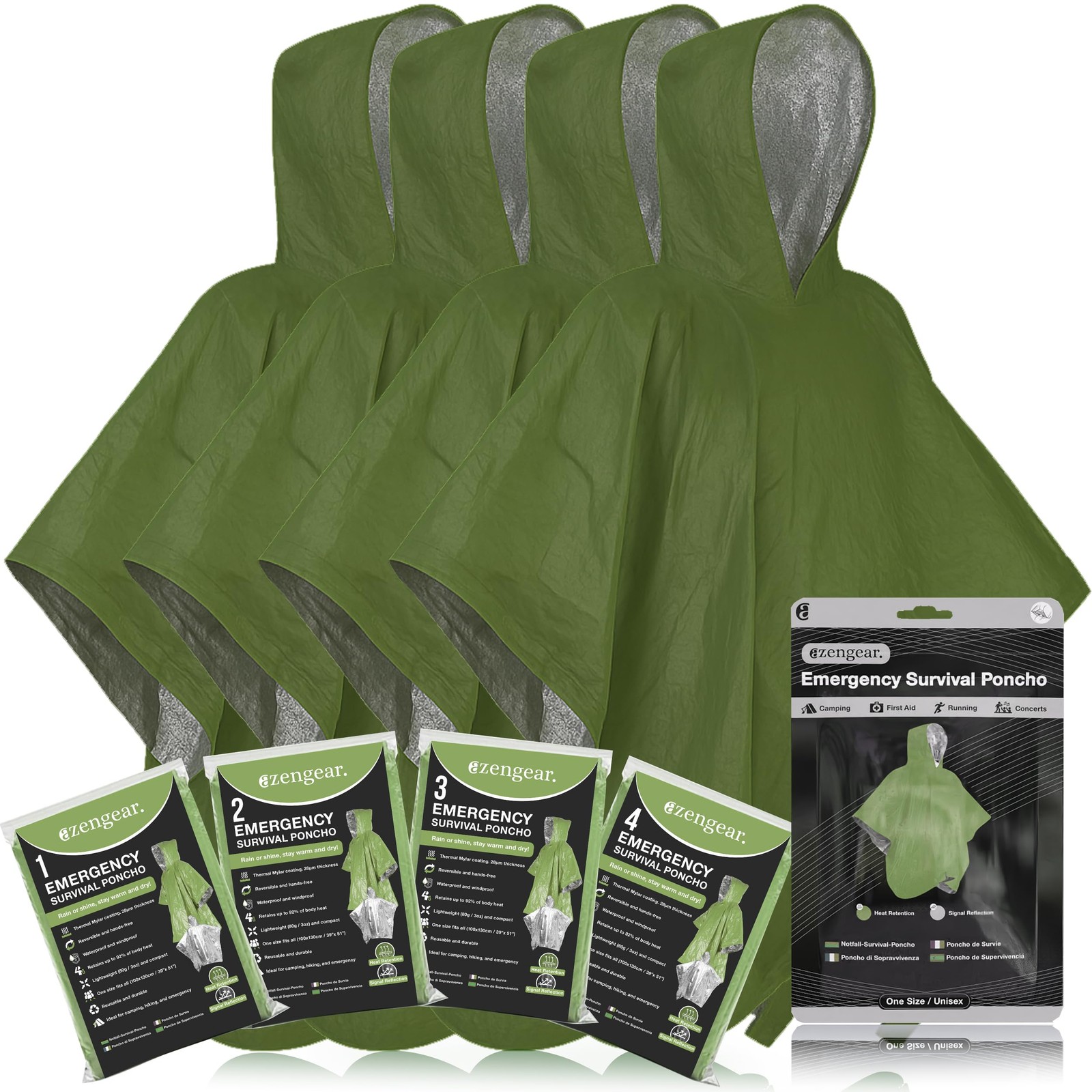 aZengear Emergency Survival Poncho 4pc Thermal Mylar Foil Blanket for Heat Re...