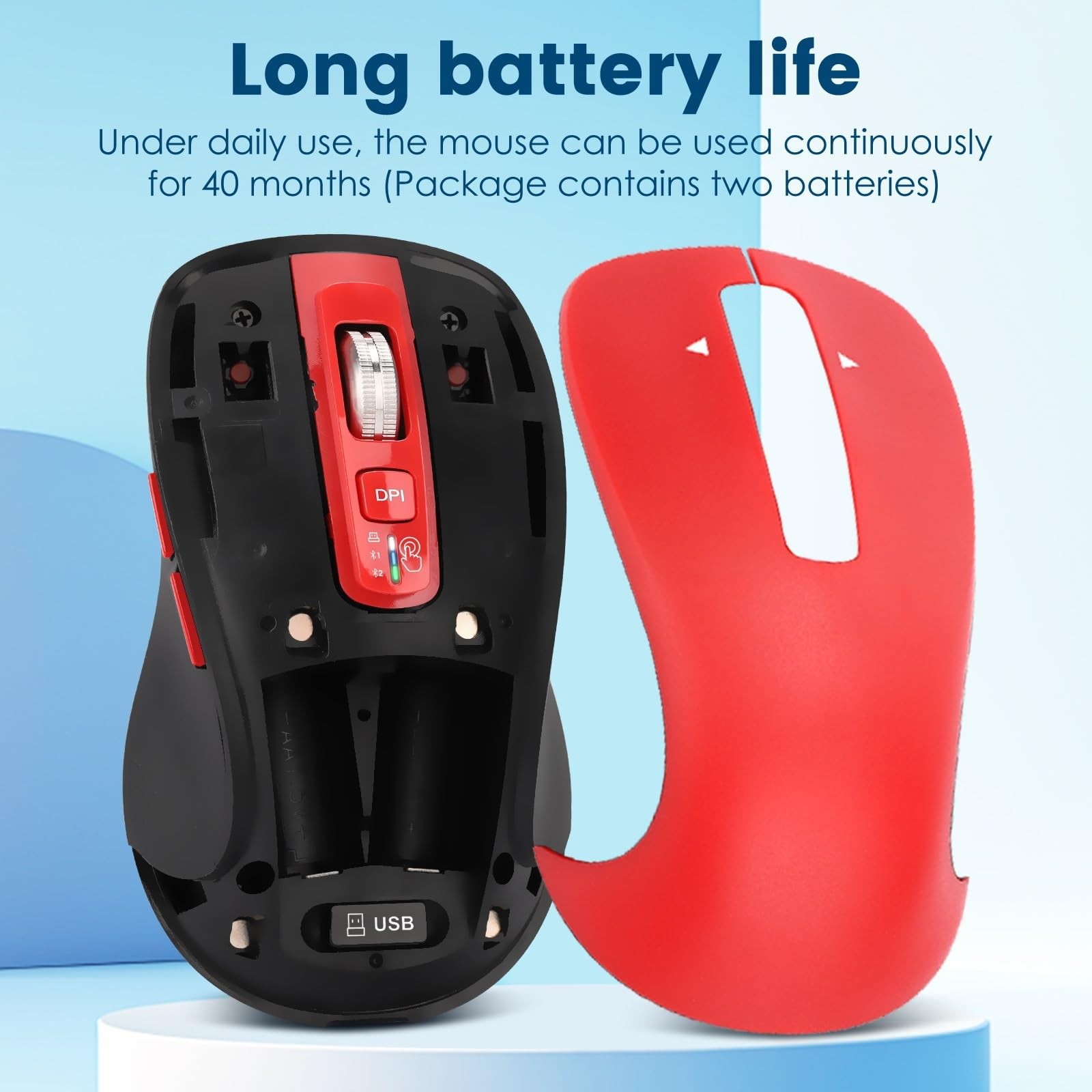 Wireless Bluetooth Mouse (USB + BT1 + BT2), Full Size, 4-Way Scrolling, Multi...