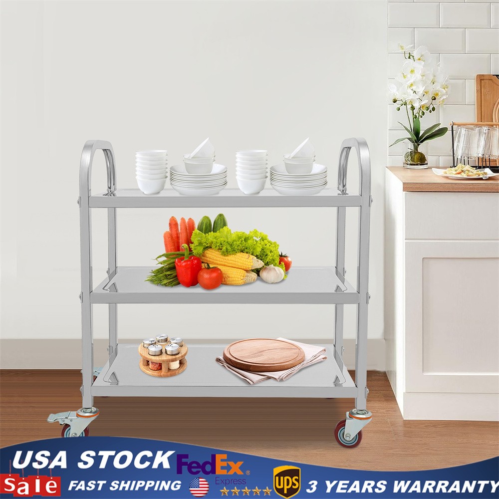 3-Tier Kitchen Trolley Cart Utility Serving Rolling Shelf Stainless Steel 250lbs