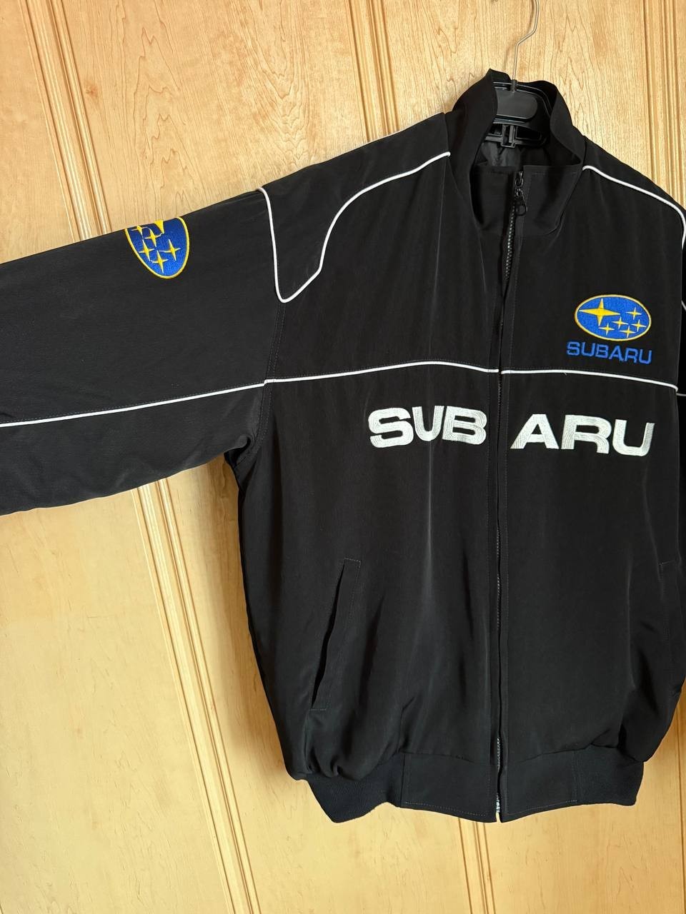 SUBARY WRC RACING RALLY POLYESTER COTTON BOMBER JACKET BLACK VINTAGE MENS SIZE L
