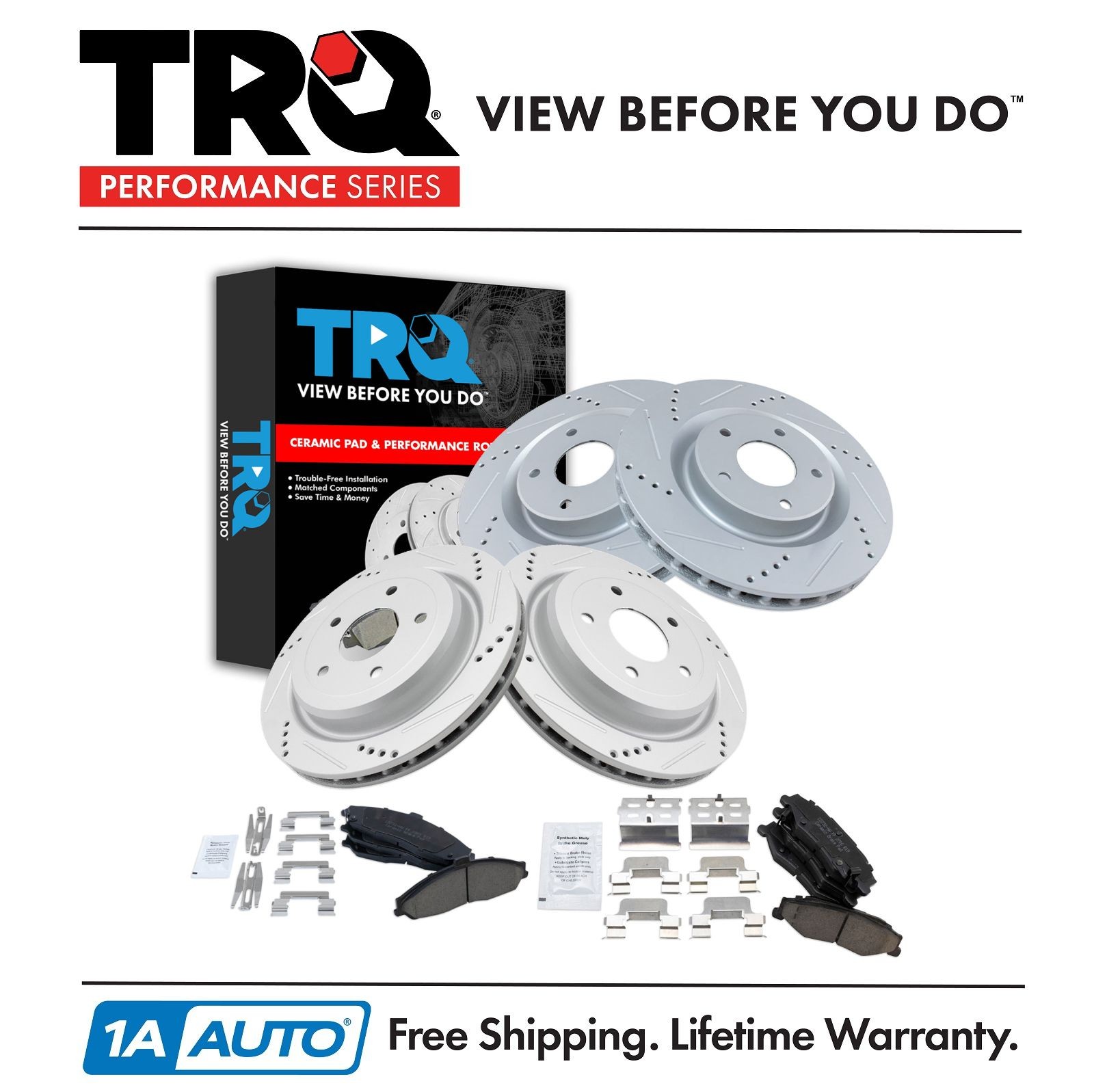 TRQ Performance Brake Rotor Drilled Slotted & Ceramic Pad Front & Rear Kit
