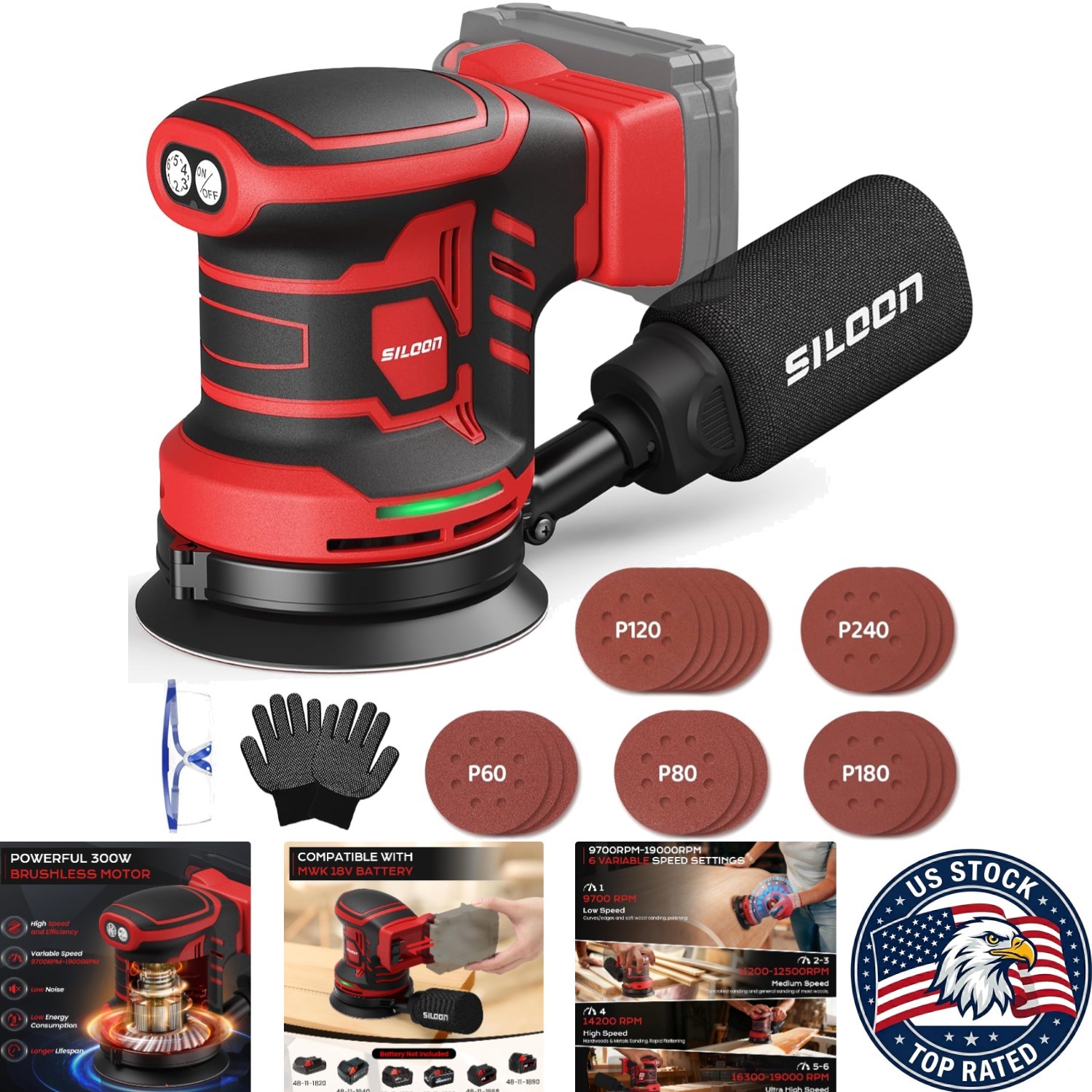 Cordless 5-Inch Brushless Orbital Sander - 19000 RPM, Dust Collector Included