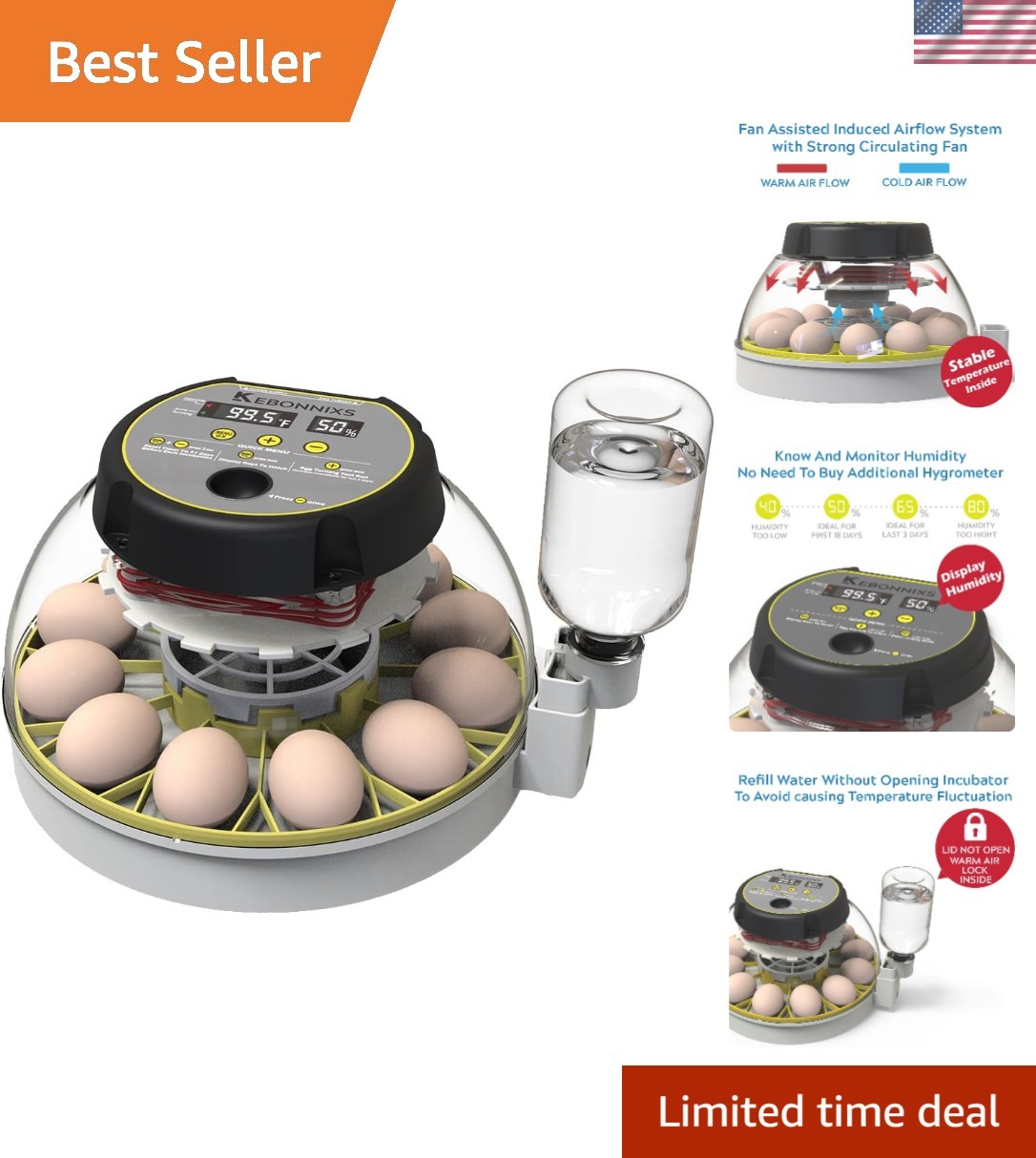Stable Temperature 12 Egg Incubator with Candler & Auto Egg Turner for Chickens