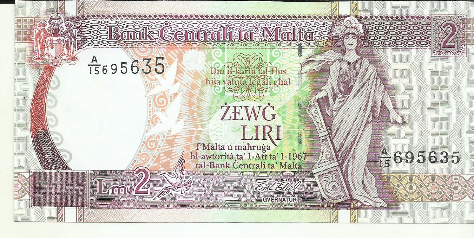 MALTA 2 POUNDS 1994  P 45. XF+ CONDITION. 8RW 28MAI