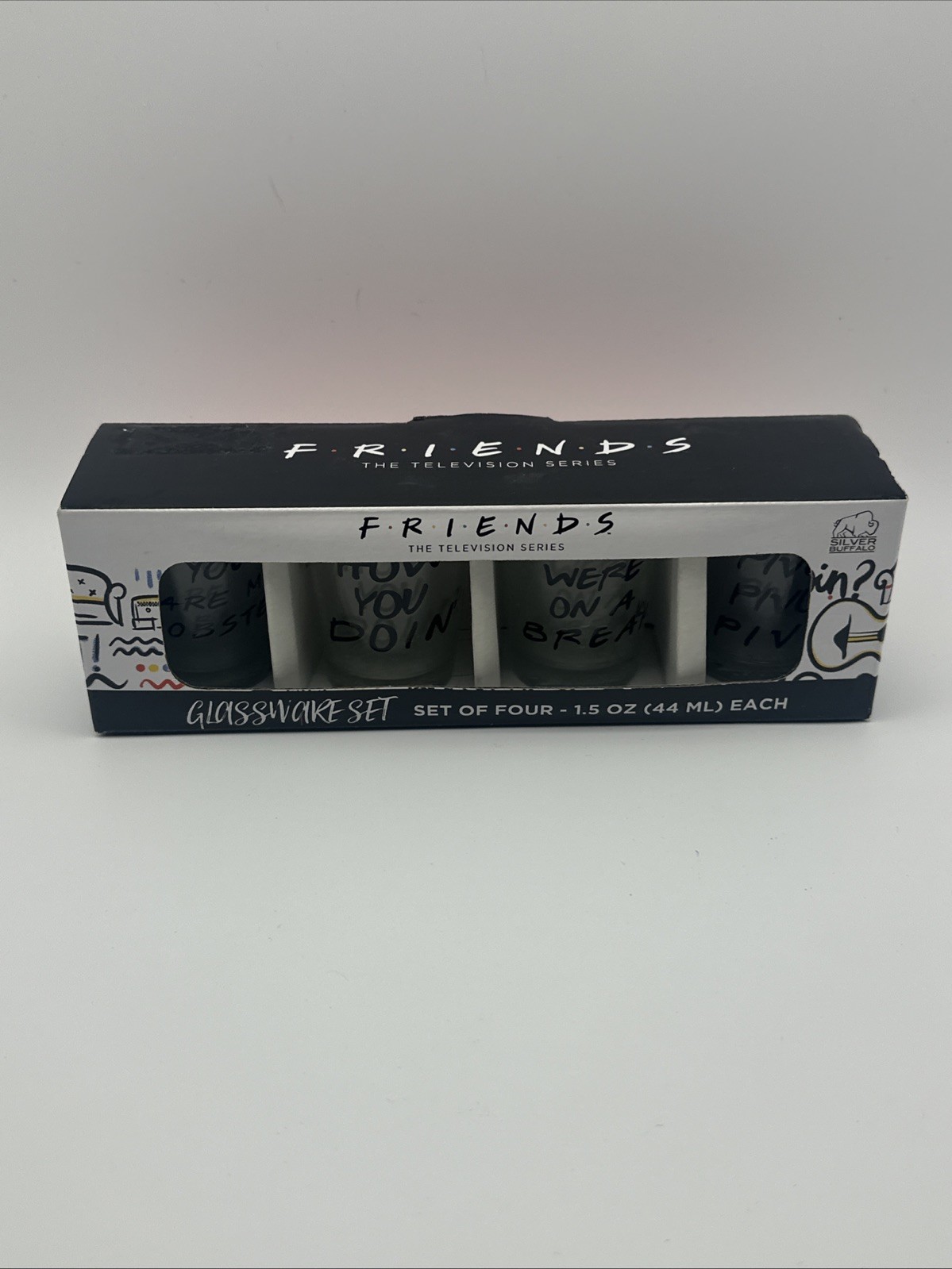 Friends TV Series shot glass set 4pk Popular Phrases New in Box Silver Buffalo