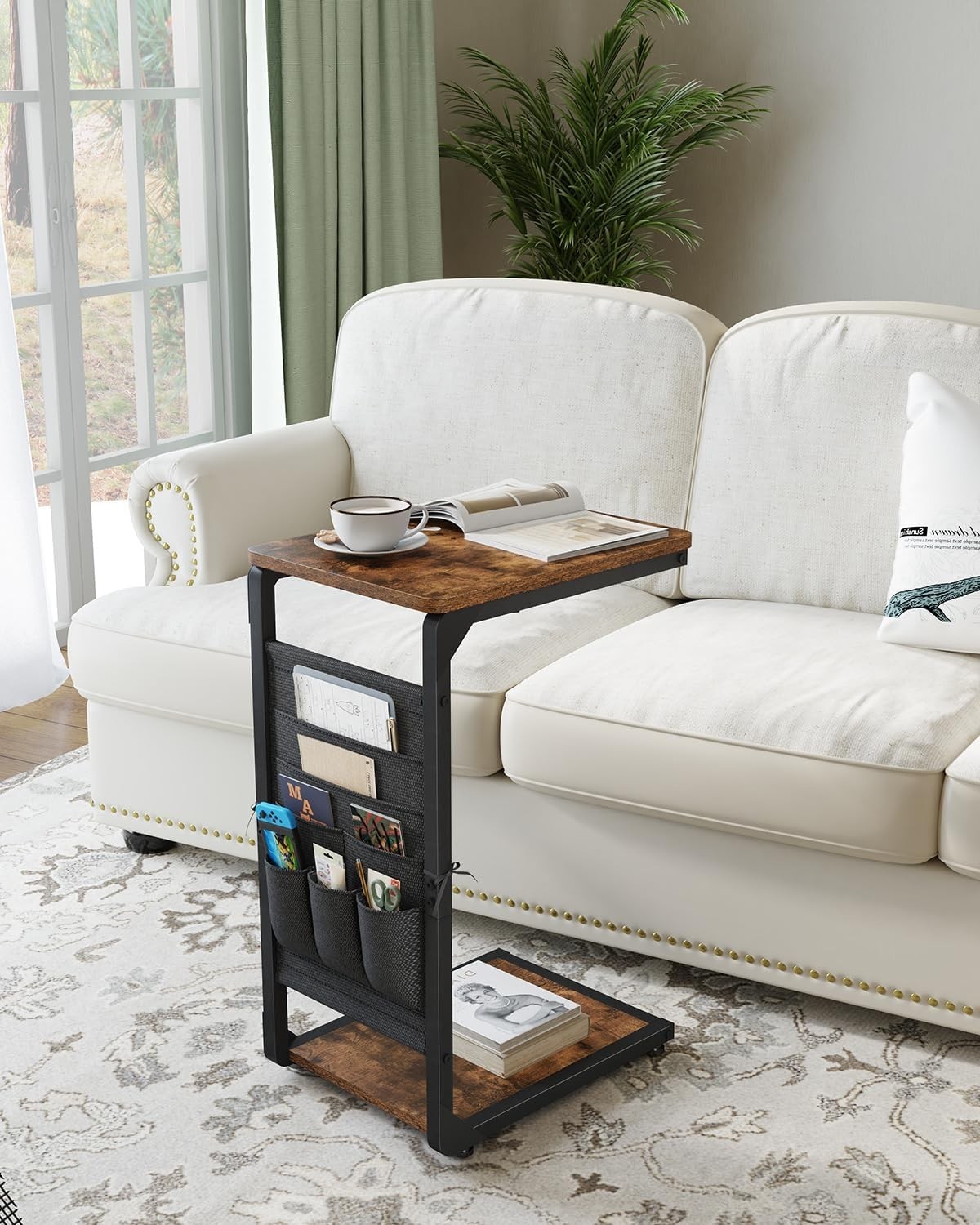 Narrow C-Shaped End Table W/ Storage Bag Small Couch Side Table Sofa TV Tray