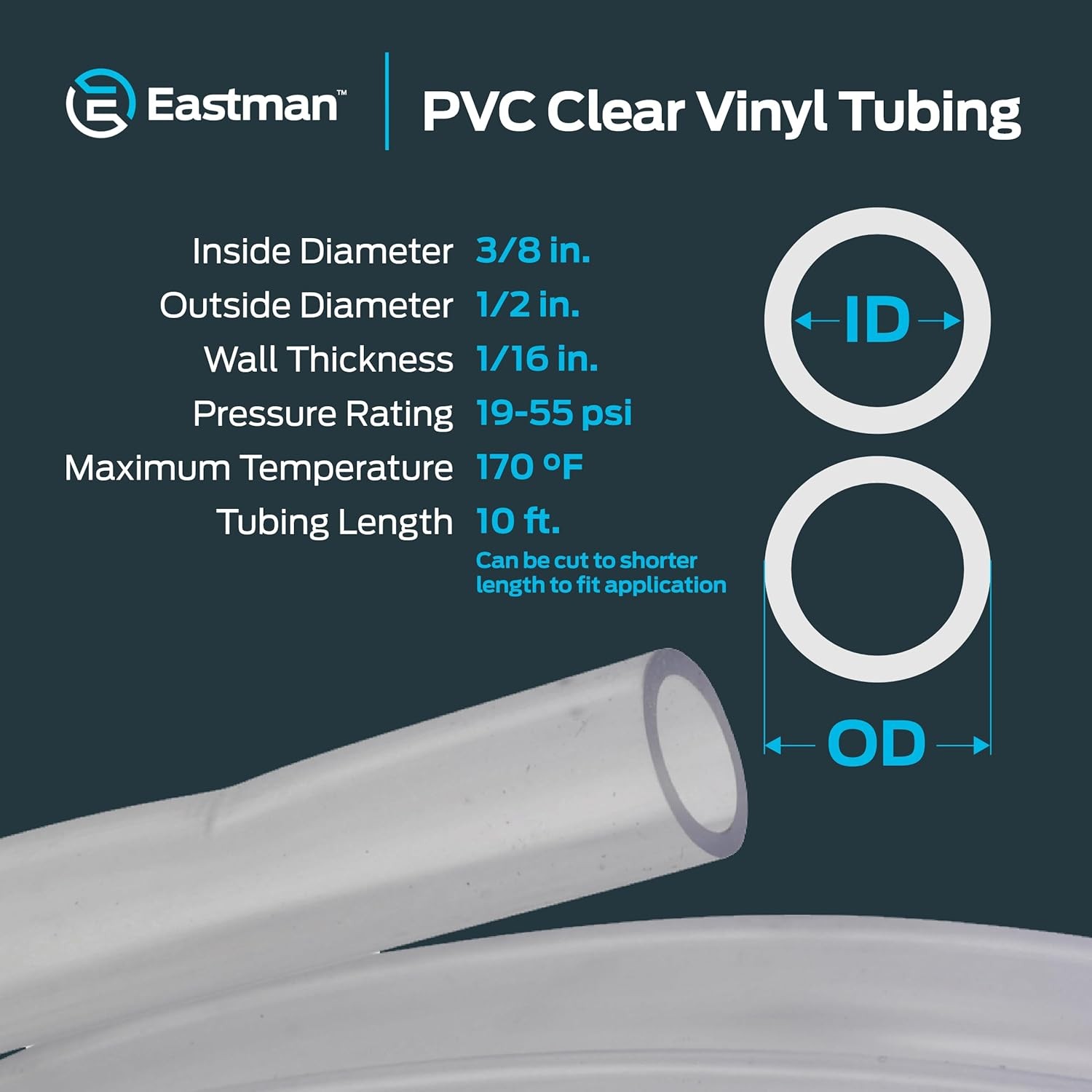 Eastman 3/8 Inch ID (1/2 in. x 1/2 OD, 10 Foot Length, Clear
