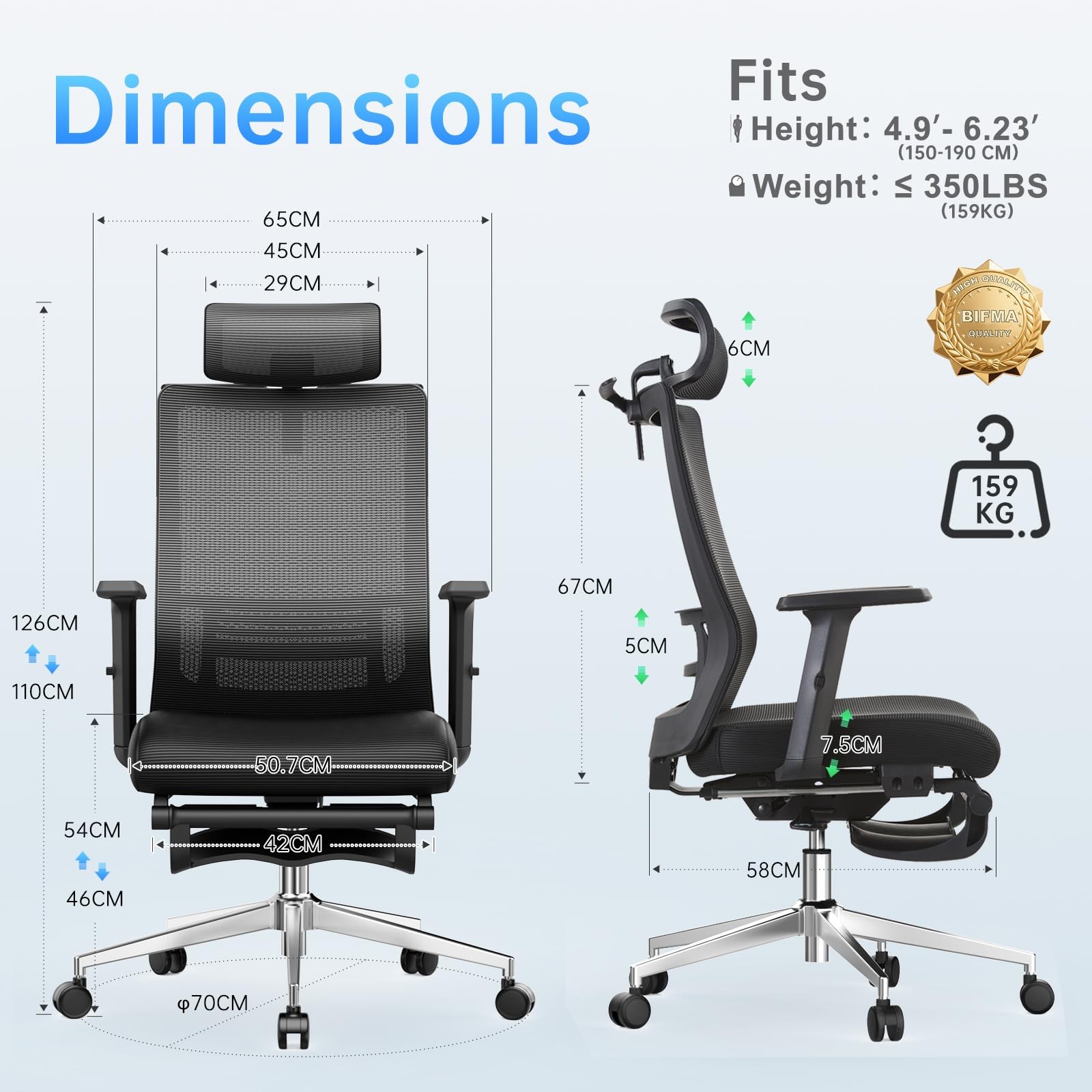 Ergonomic Office Chair with Footrest, 145° Reclining, Adjustable Lumbar & Hea...