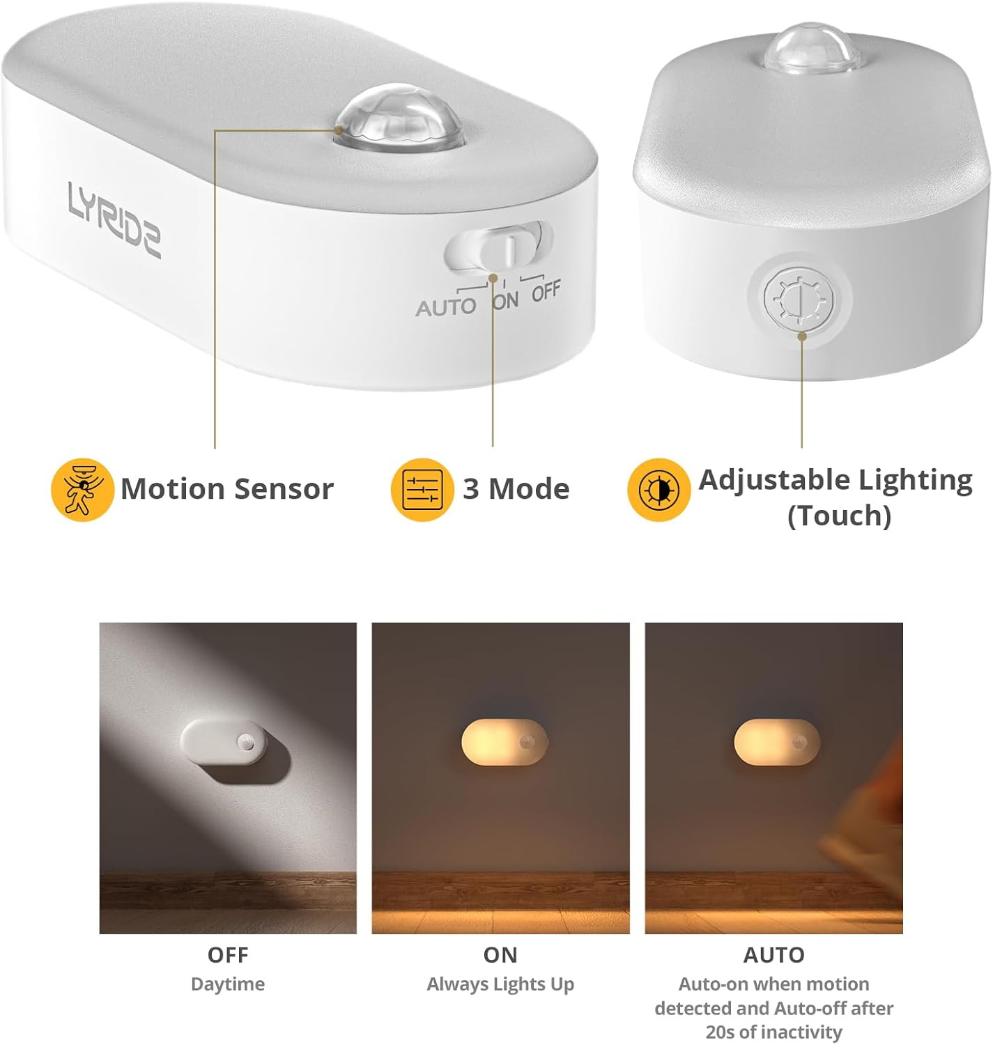 Lyridz Rechargeable Battery Night Light with Motion Sensor, Portable Mini Warm W