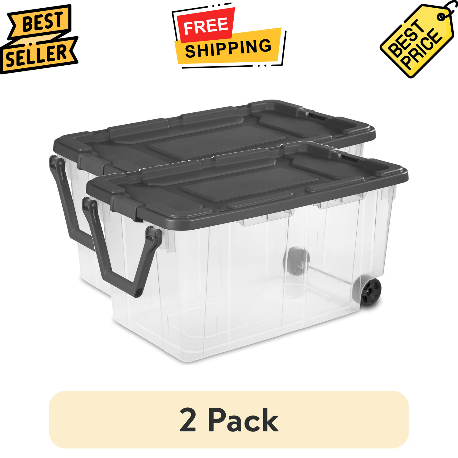 2 Pack Sterilite 160 Quart Wheeled Storage Bin Clear with Pull Handle