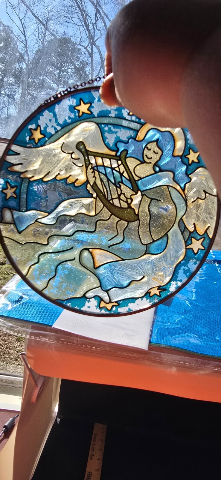 Vtg Stained glass angel playing harp suncatcher