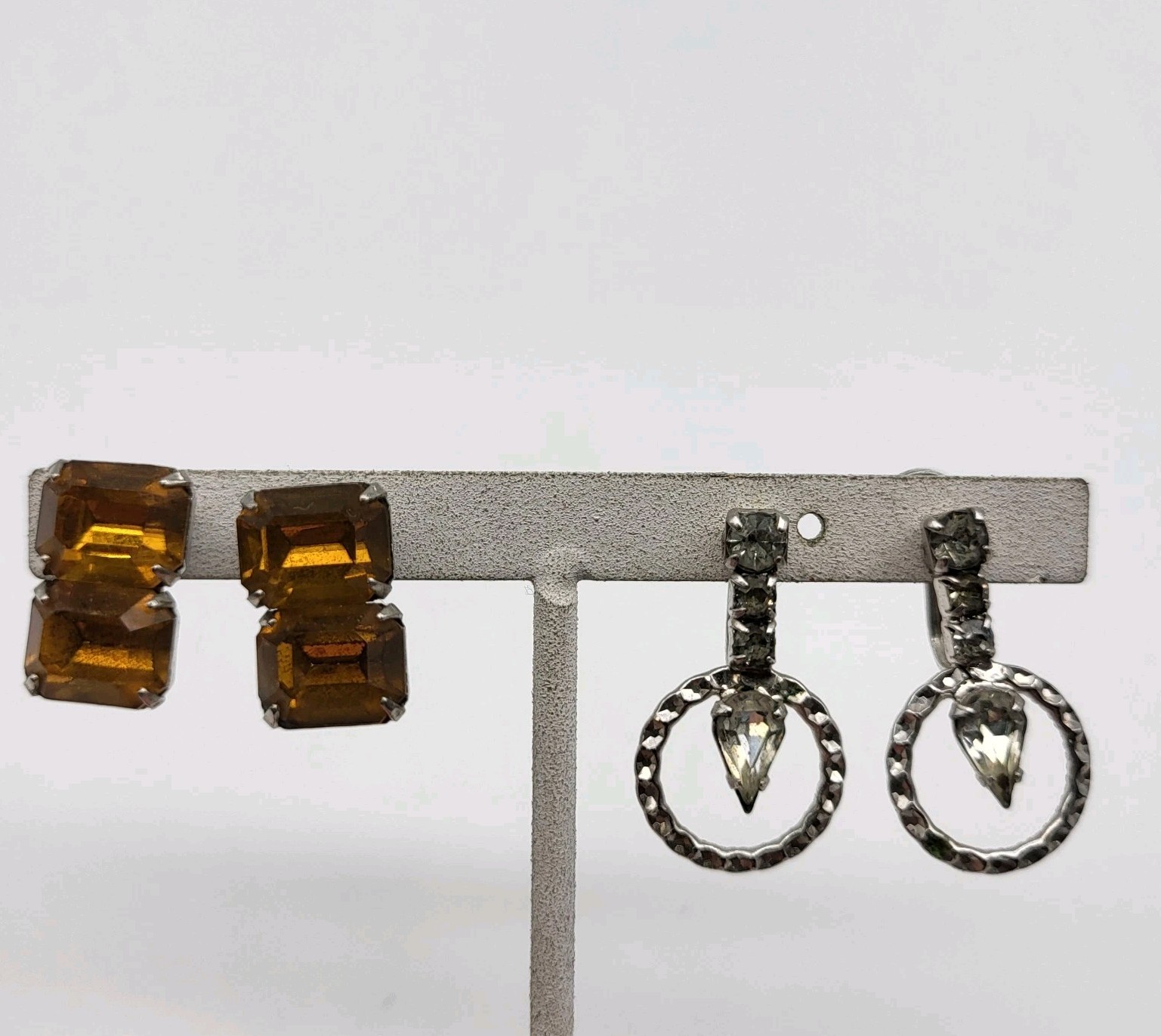 Fab vintage Estate Rhinestone earrings lot of 2 screw back Amber & clear stones