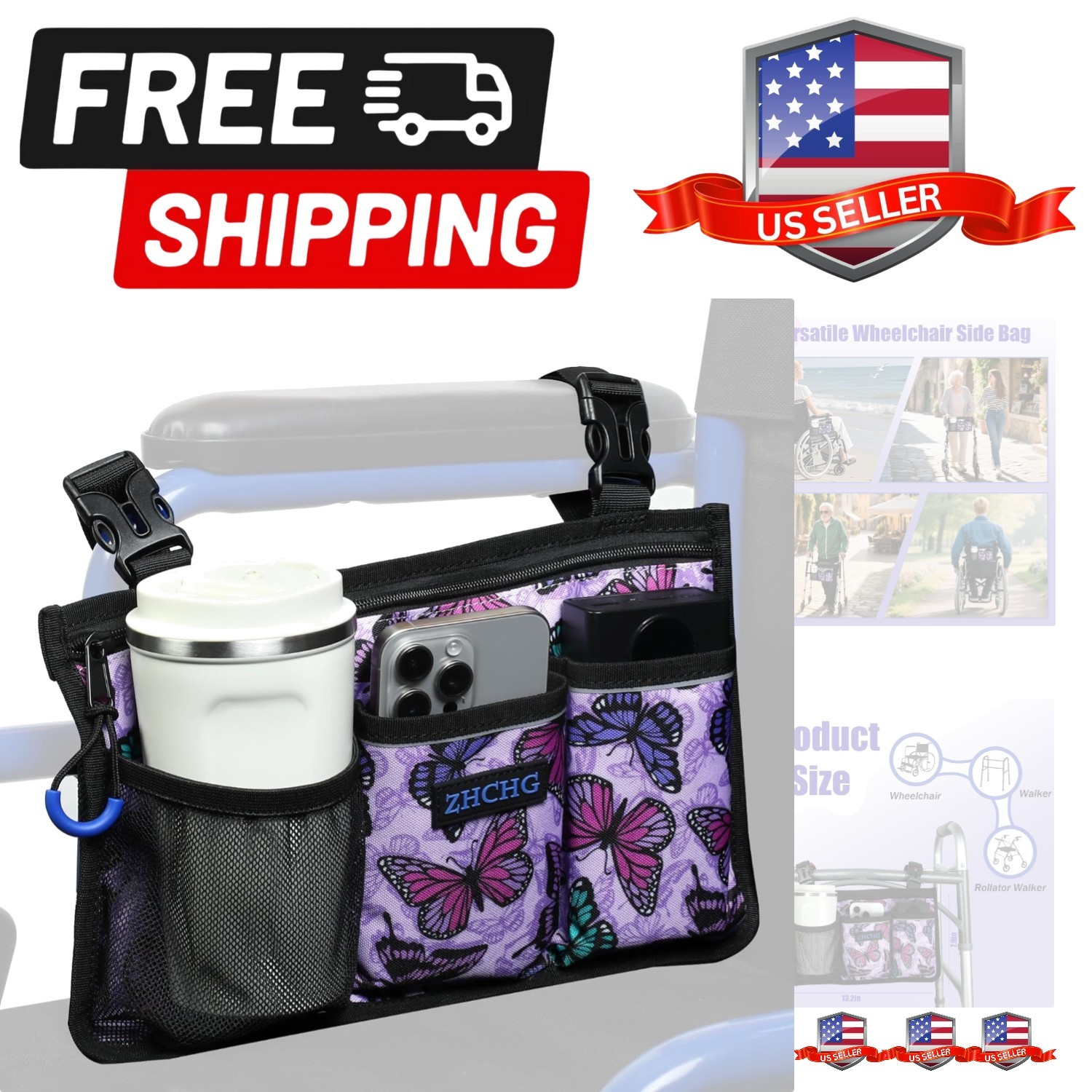 Wheelchair Side Bag, Wheelchair Armrest Pouch Accessories with Cup Holder, St...