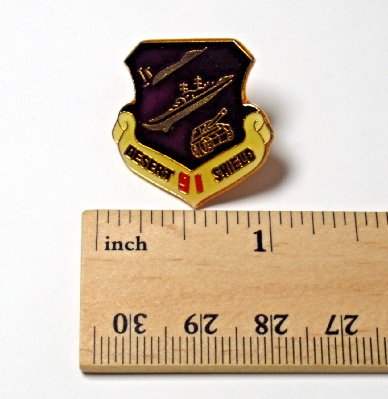 Desert Shield 91 Lapel Pin Black Enamel Military Tank Emblem Vintage