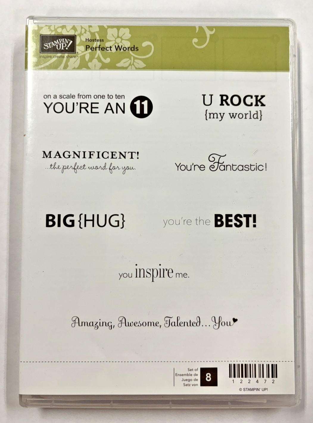 Stampin Up Retired Hostess "PERFECT WORDS' Set of 8 NEW Clear Mount Red Stamp