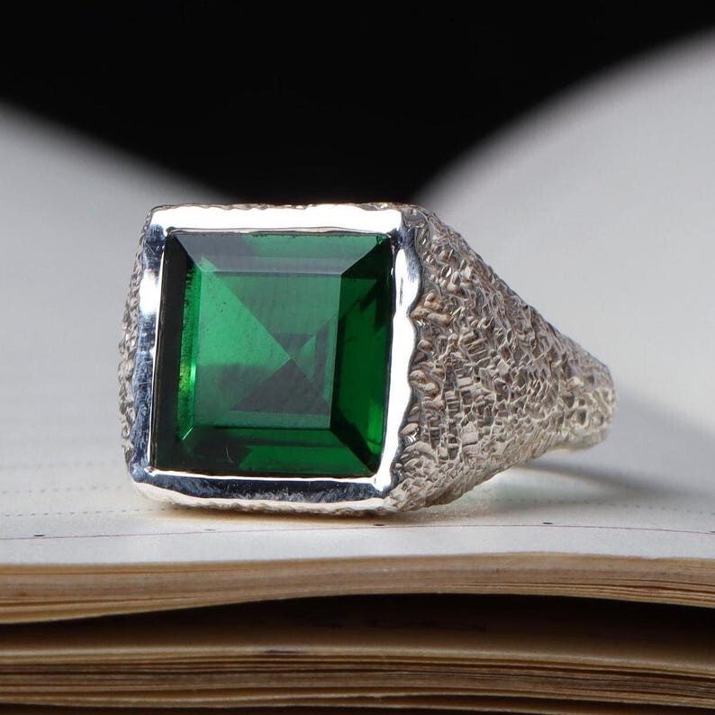 Green Emerald Ring, 925 Sterling Silver Men's Statement Ring, Hammered Band Ring