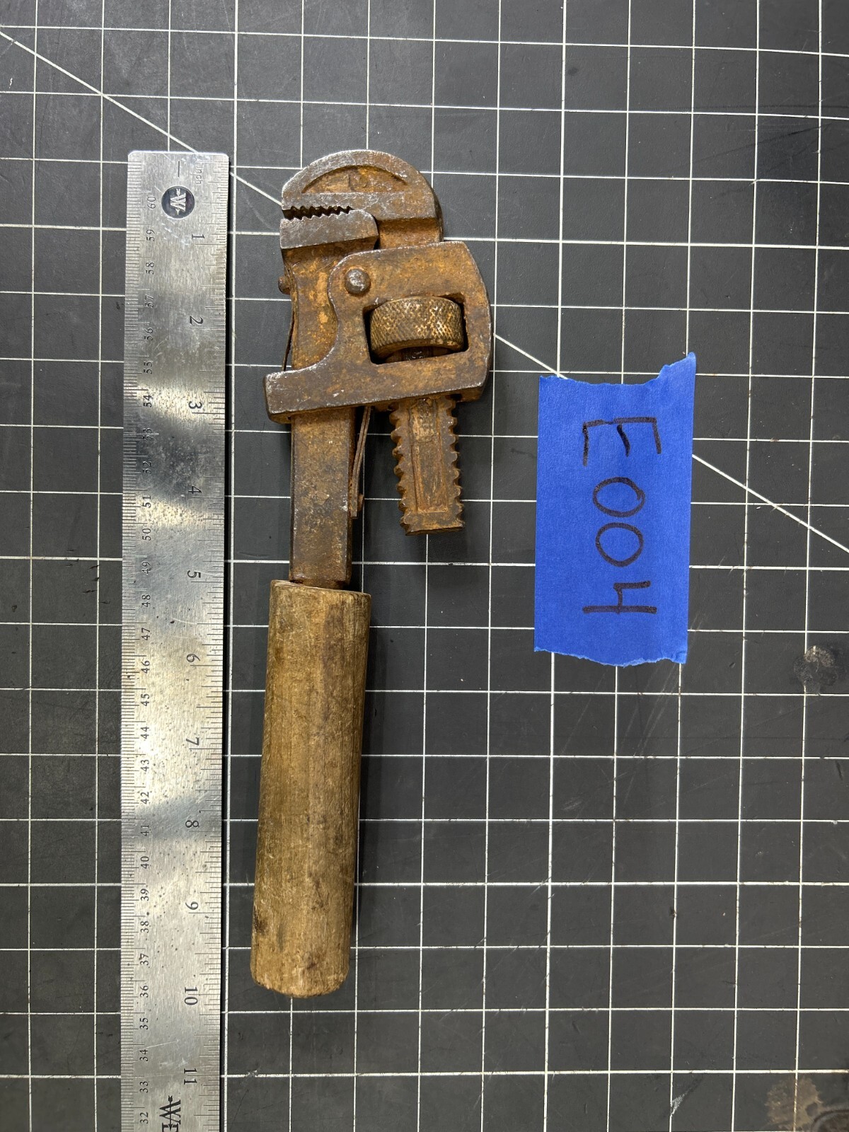 Vintage 10" Long Adjustable Plumbers Pipe Wrench Forged Steel Wood Handle, U.S.A