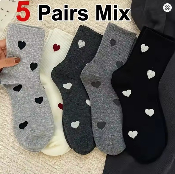 5 Pairs Women’s Heart Print Socks Mix Colours Brand New Soft Breathable 4-7 UK