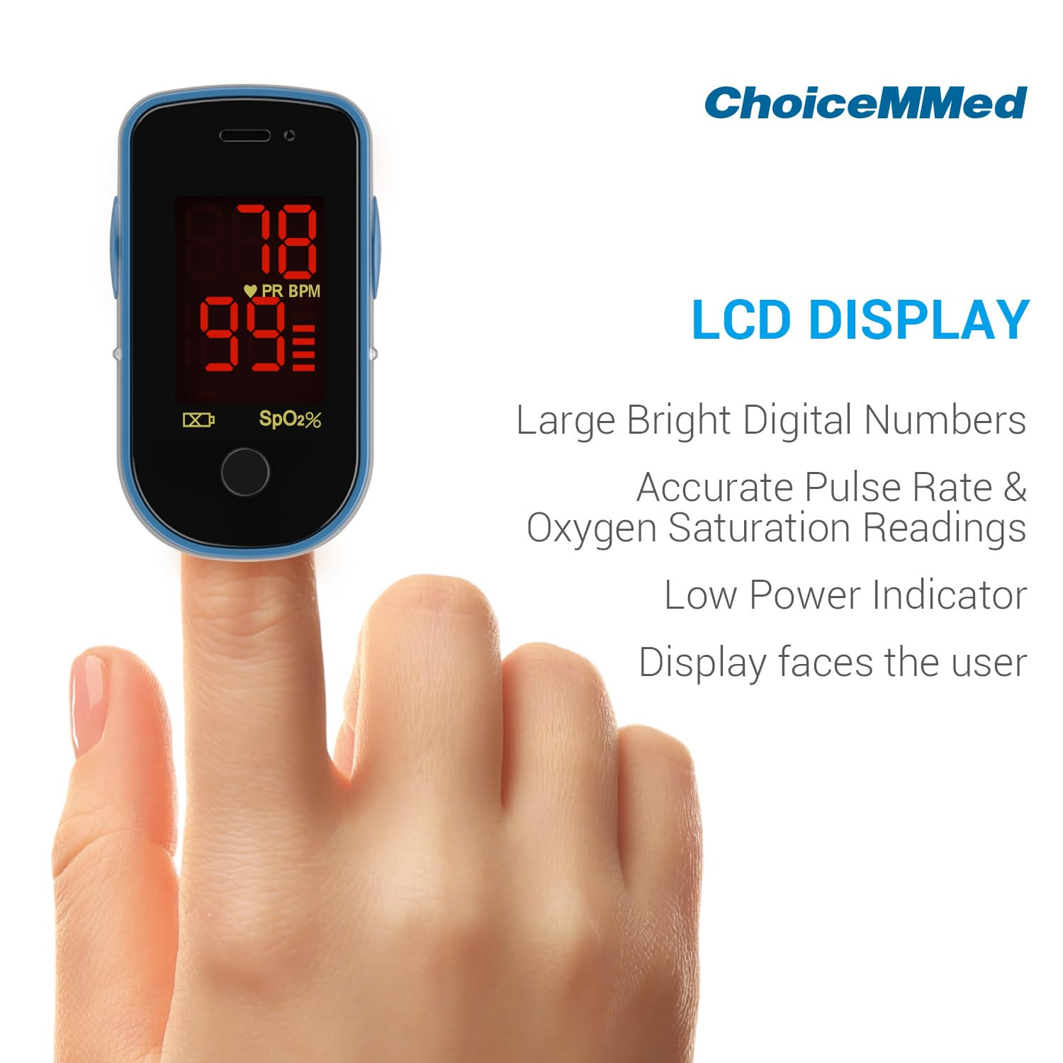CHOICEMMED Finger Pulse Oximeter - Blue Blood Oxygen Monitor with Batteries - Po