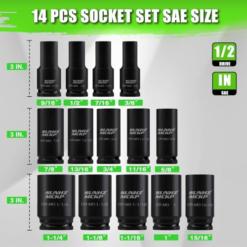SUNHZMCKP 20 PCS 1/2" Impact Socket Set, Drive 20-Pc 1/2" SAE Impact Socket Set