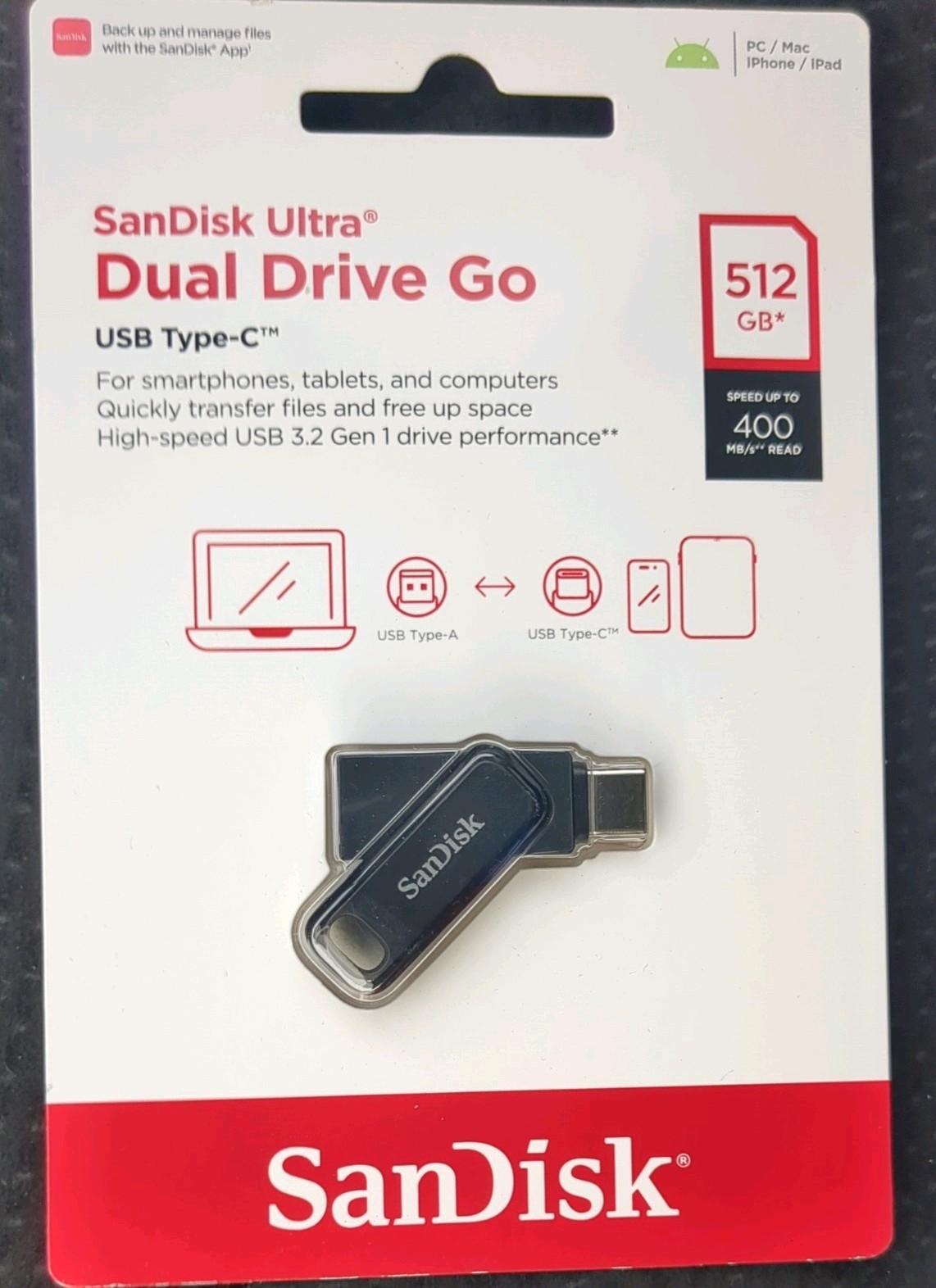 NEW SanDisk 512GB Ultra Dual Drive Go USB Type-C Flash Drive - SDDDC3-512G-AW46