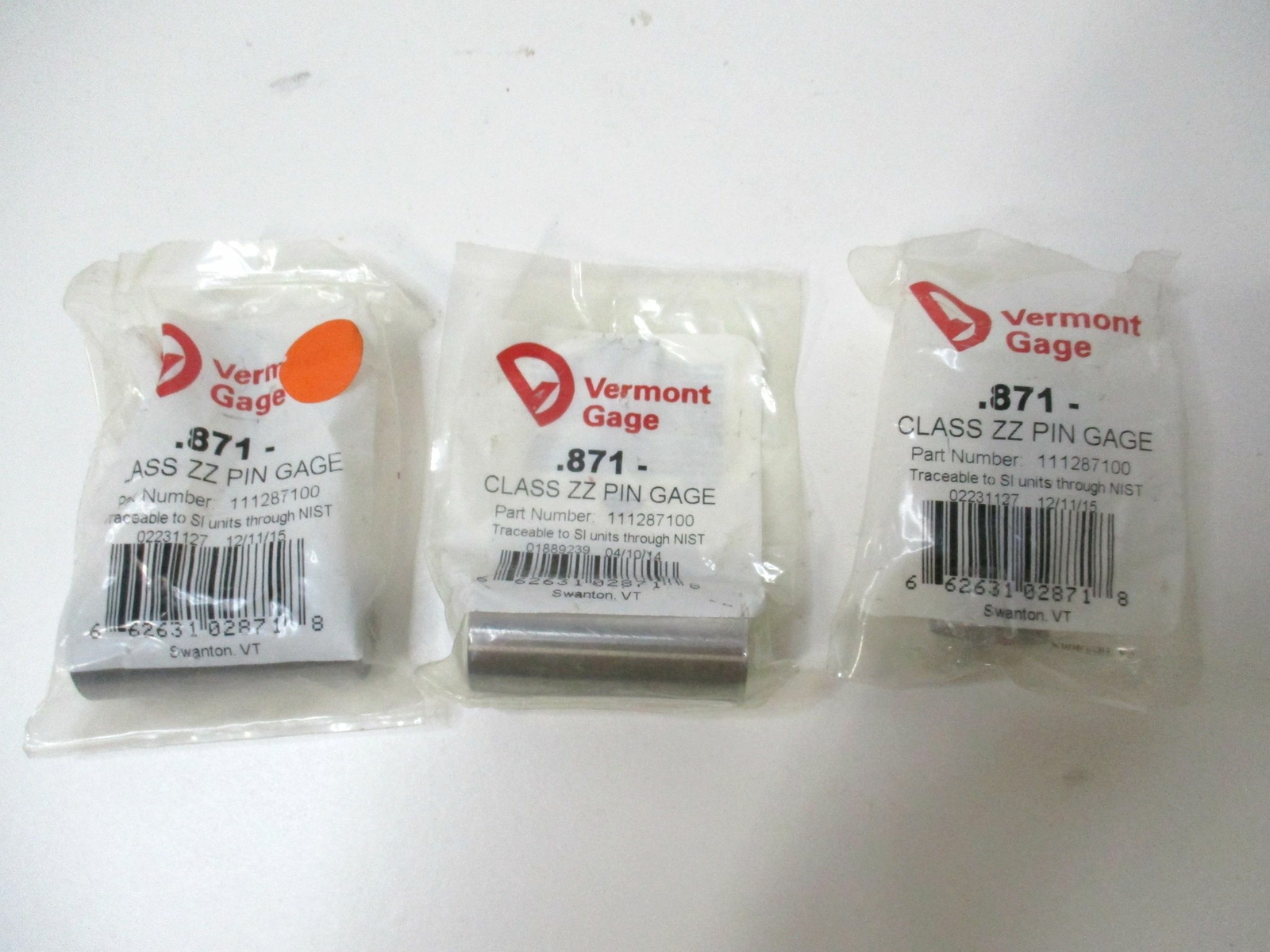 Vermont Gage (111287100) 0.871" Tolerance Class ZZ Steel No-Go Pin Gage - Qty 3
