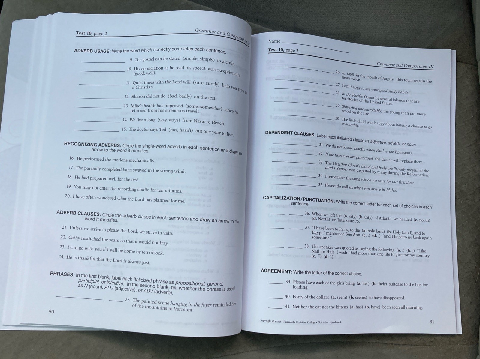 Abeka Grammar And Composition Quizzes And Tests III. Almost Blank! 9th Grade.