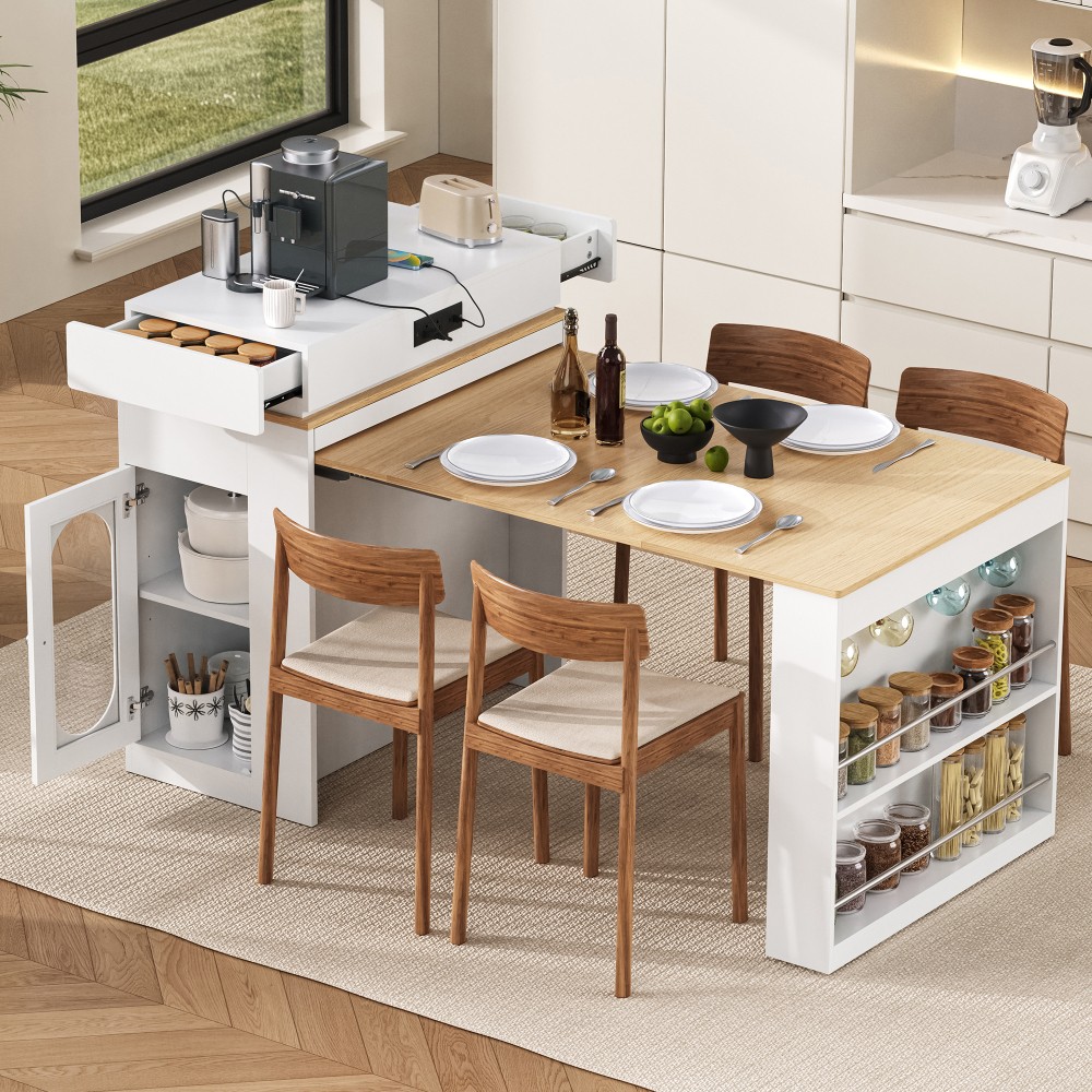 Extendable TREXM Rolling Kitchen Island with , Built-in Socket & Side Hooks