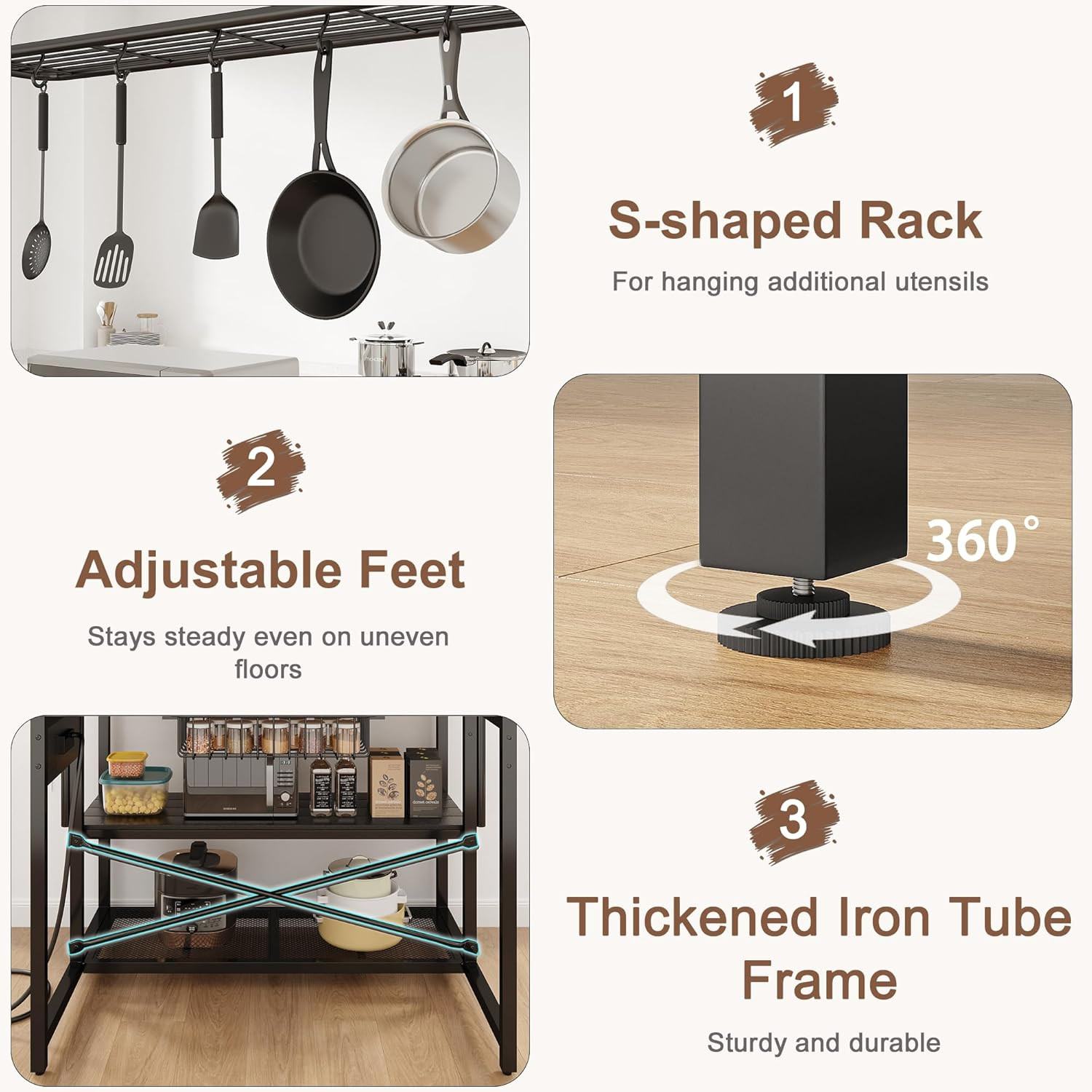46" Large Kitchen Island Table Baker Rack with Power Outlet and 3-Tier Storage-M