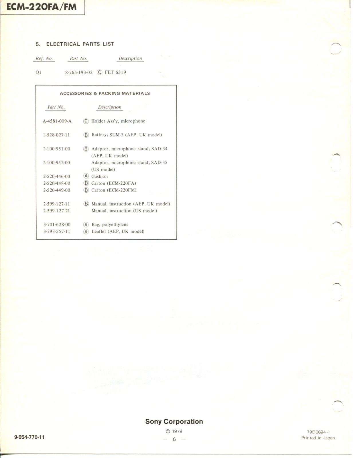 Sony Model ECM-220FA/FM Electret Condenser Microphone Service Manual