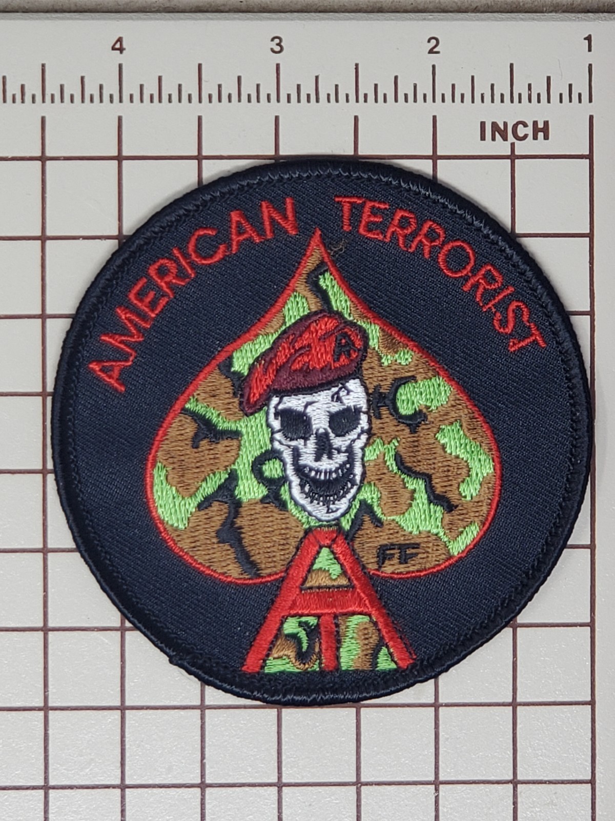 Early 90s Paintball Patch - American Terrorist Skull Beret Spade Camouflage