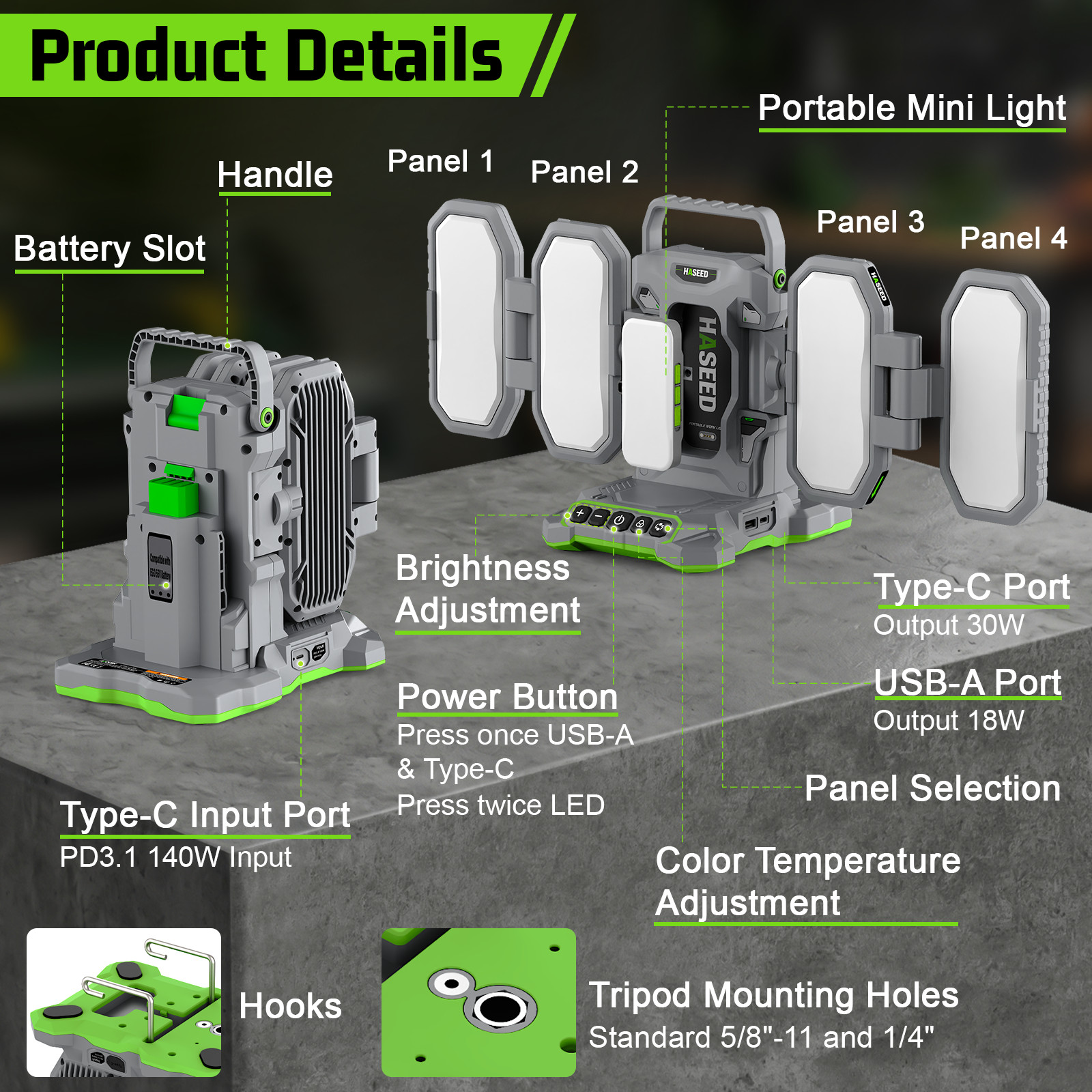 10000LM LED Work Light for EGO 56V Battery Foldable 4 Panel with Mini Light