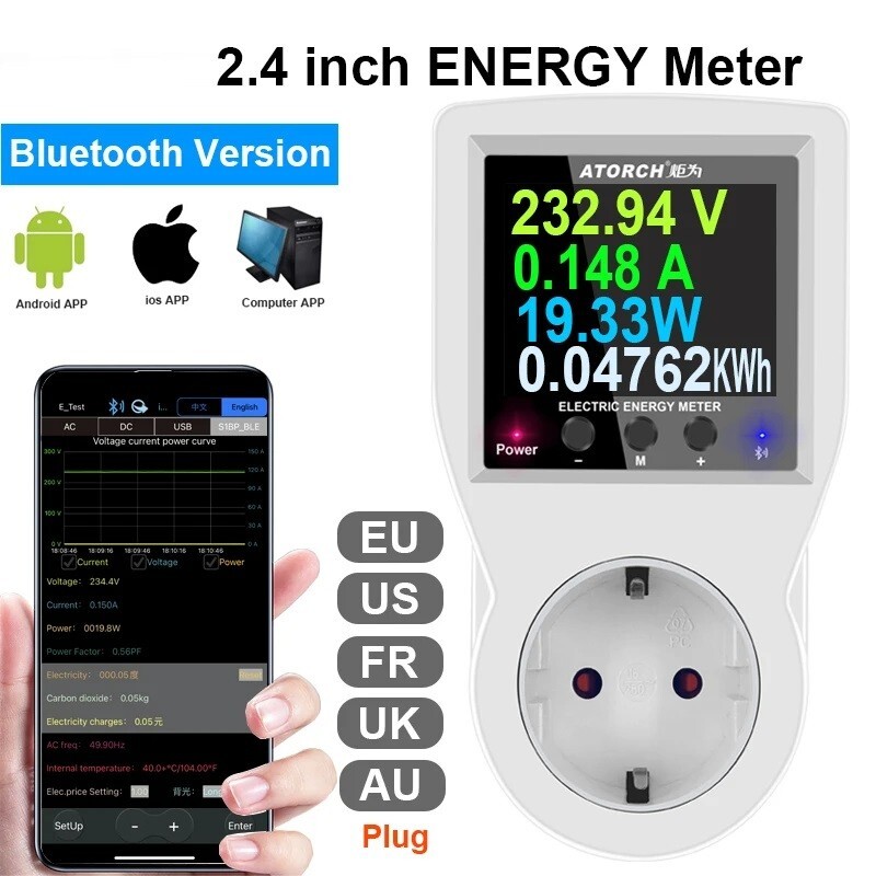 AC85-265V Digital Power Wattmeter Energy Consumption KWh Wattage Meter APP Tool