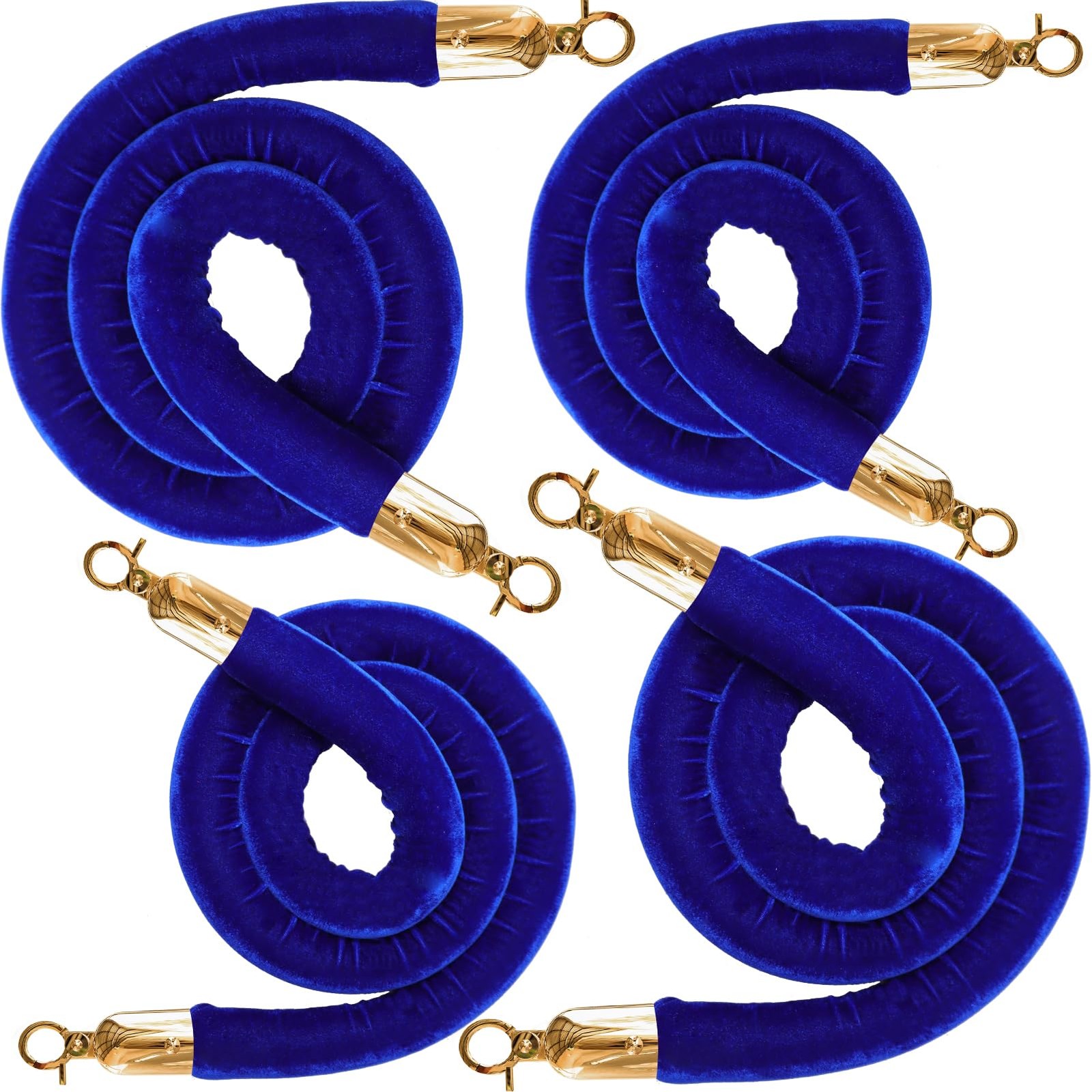 4 PCS Blue Velvet Stanchion Rope 5 FT Crowd Control Barrier Gold Hooks