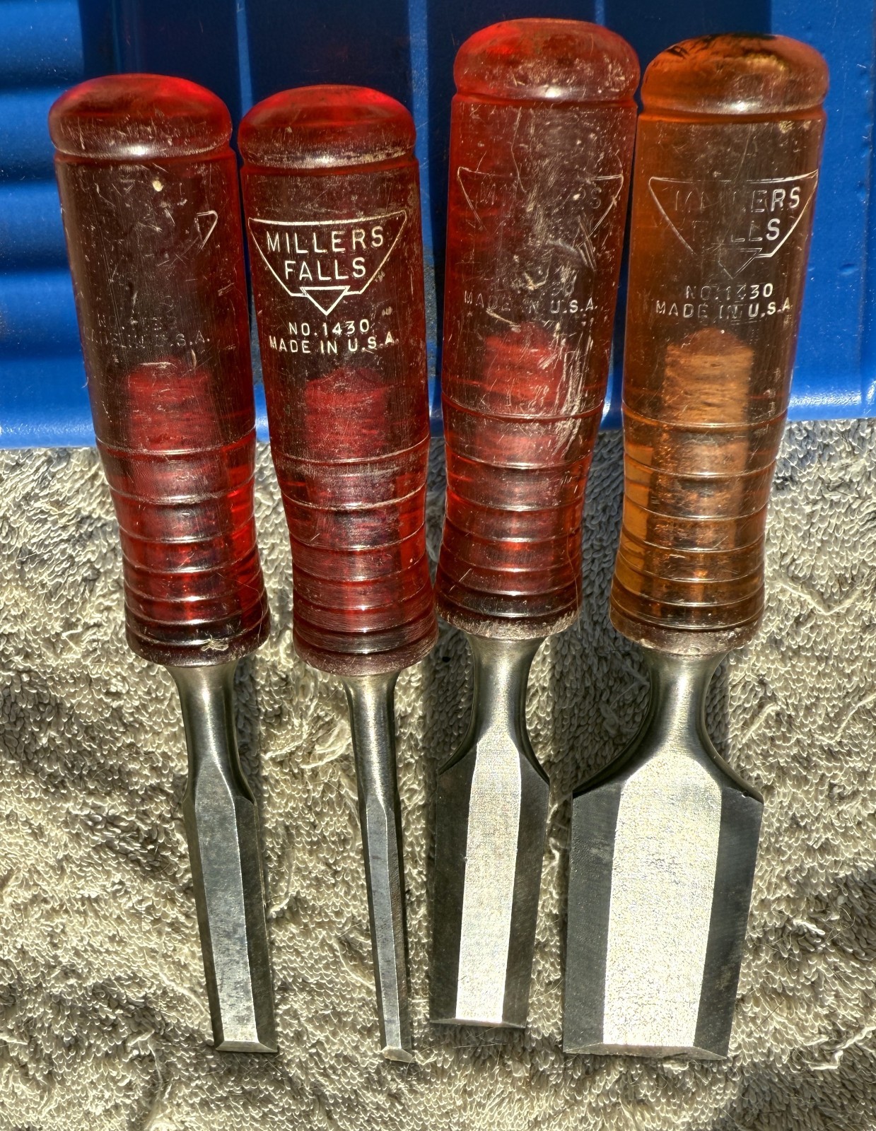 LOT OF FOUR (4) MILLER FALLS 1430 CHISELS: 1/4"-1/2"-3/4" & 1-1/4 INCH - USA