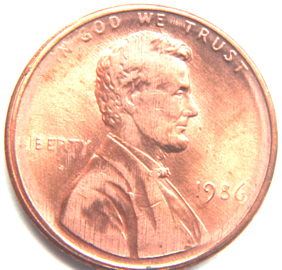 1986 Lincoln Memorial Cent Struck through thru grease   RED