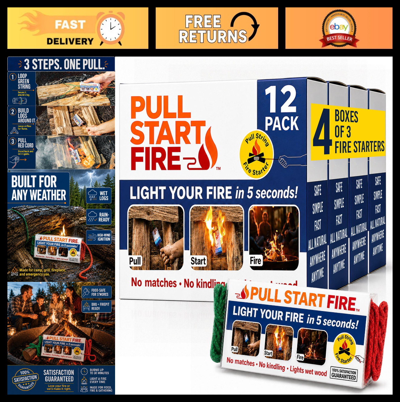Fire Starter Bricks - No Matches Needed, Lights Wet Wood, 30 Min Burn, 12 Pack f