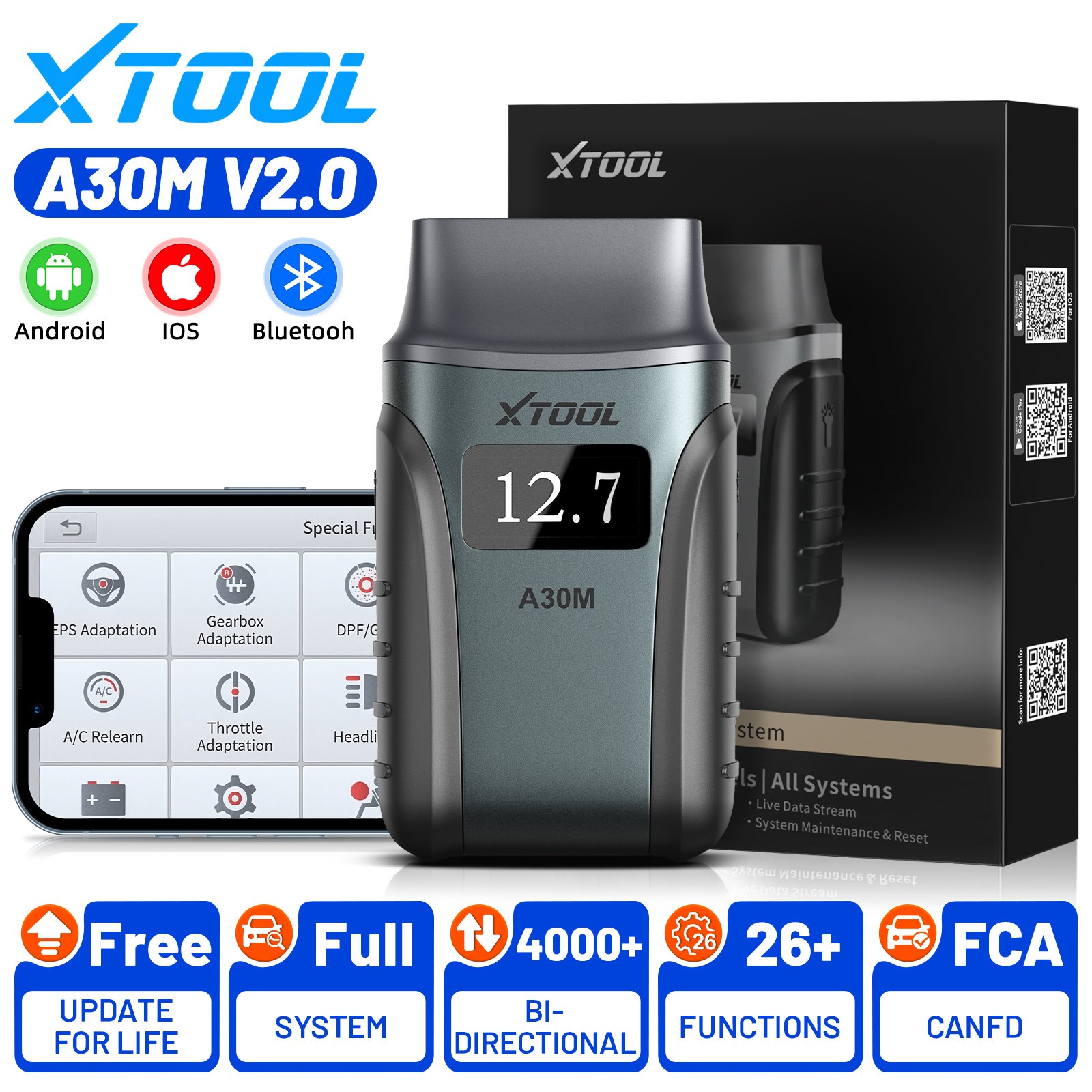 XTOOL A30M V2.0 OBD2 Diagnostic Tool Auto Bidirectional BT Scanner Full System