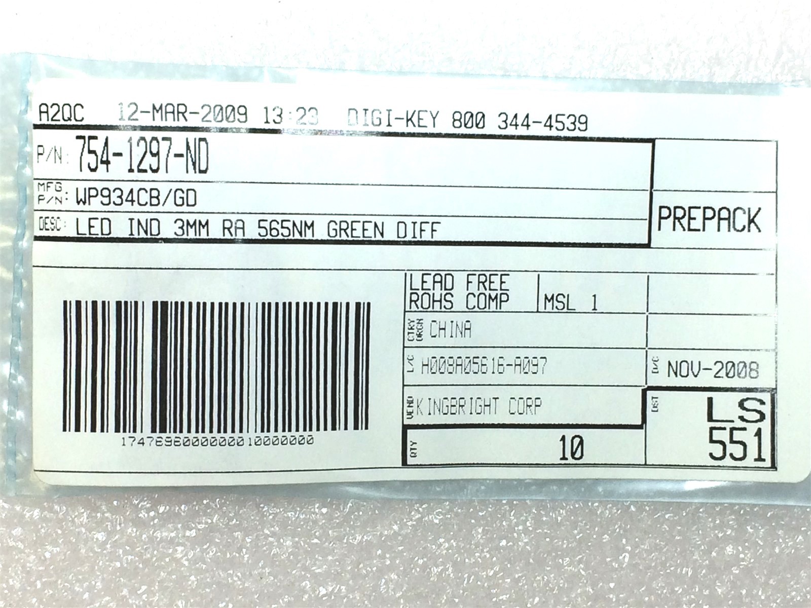 WP934CB/GD KINGBRIGHT LED IND 3MM RA 565NM GREEN DIFF 30 PIECES