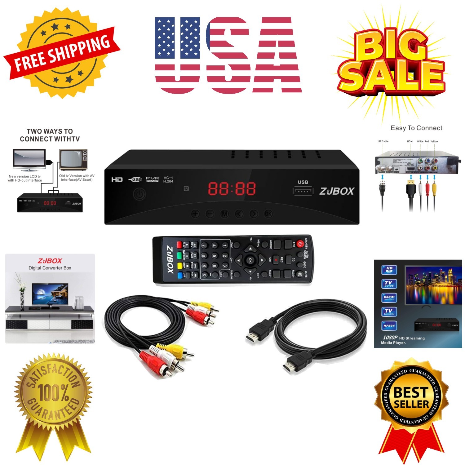Digital TV Converter Box, ATSC Tv Tuner - for Analog HDTV Live 1080P with Rec...