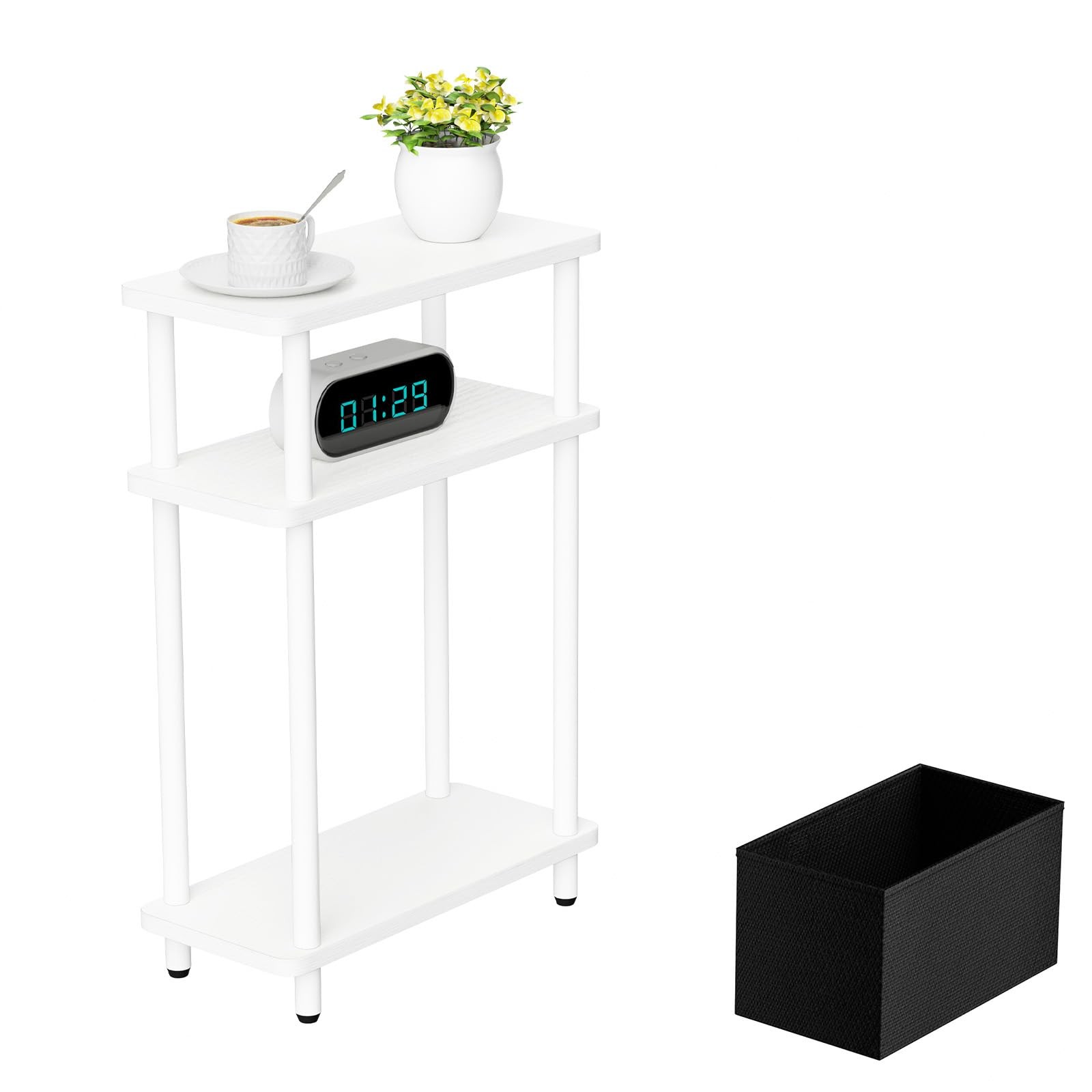 Narrow Side Table Fabric Basket 7 Inch Wide 3 Tier Skinny End Table White