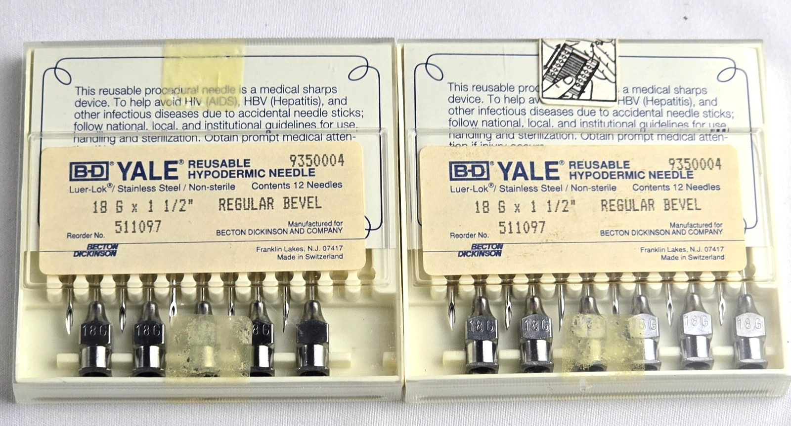 B-D Yale Reusable Hypodermic Needles 18 G x 1.5 Regular Bevel 2 packs One Sealed